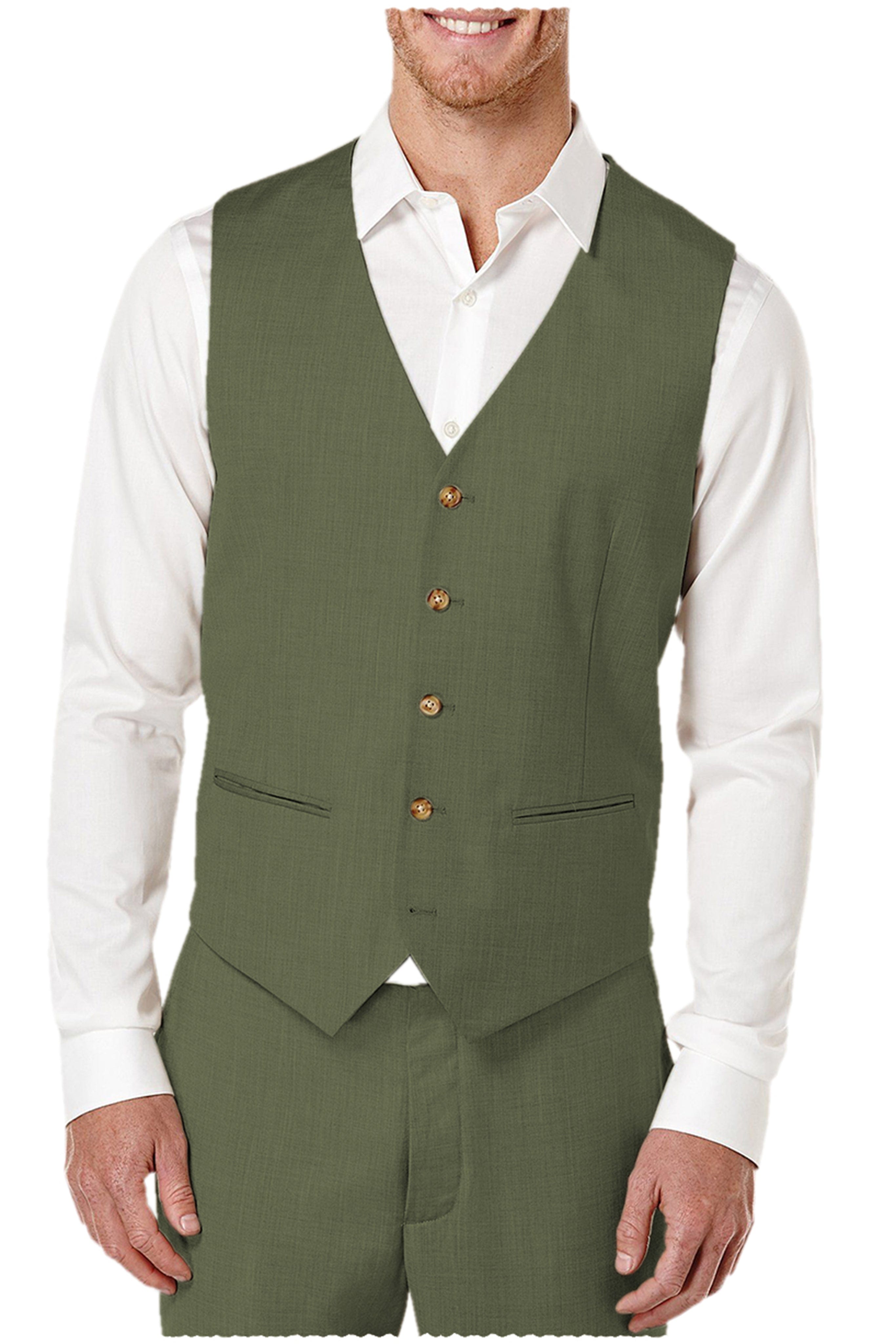 Aesido Pieces Single Brasted V Neck Linen Men’s Vest Waistcoat+Pants – Army Green R