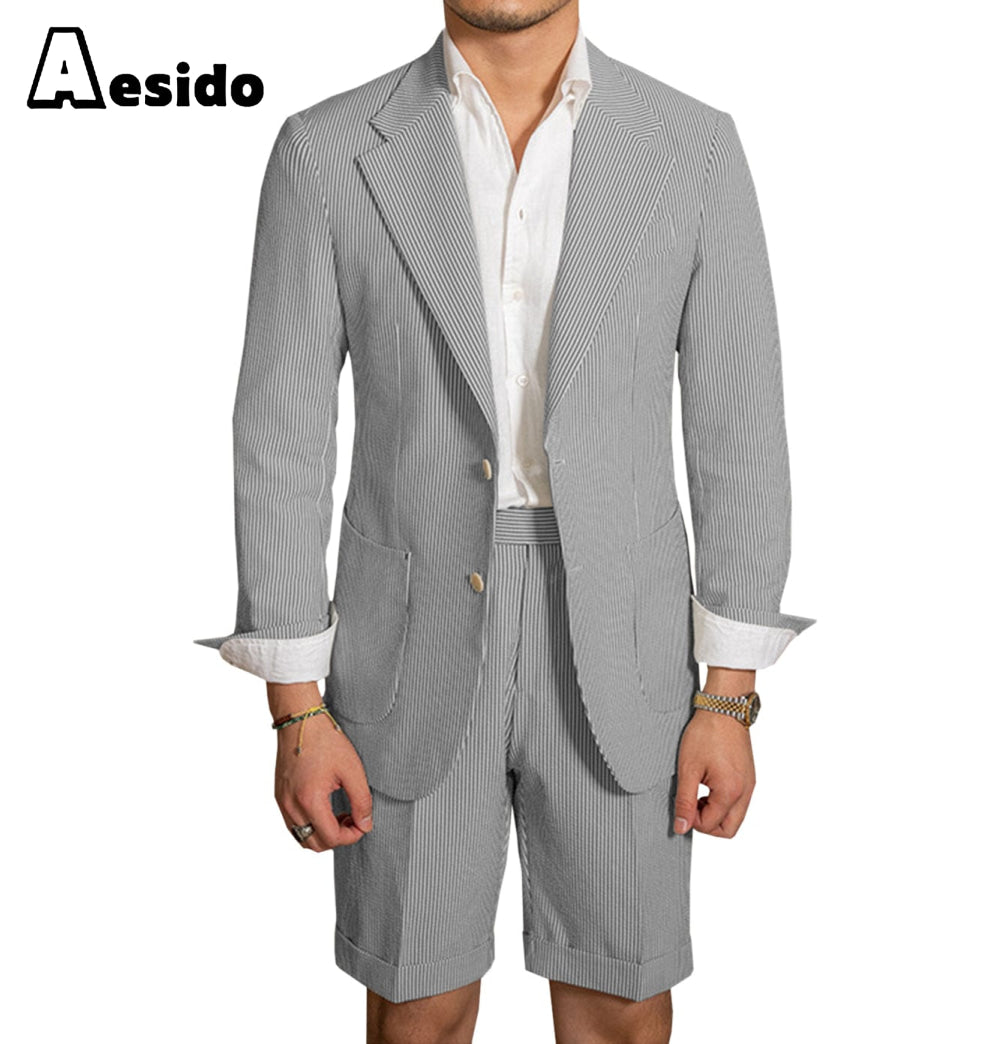 Aesido New Summer Seersucker Notch Lapel Fashion Men’s Suits Blazer+Shorts – Black R Aesido New Summer Seersucker Notch Lapel Fashion Men’s Suits Blazer+Shorts – Black R