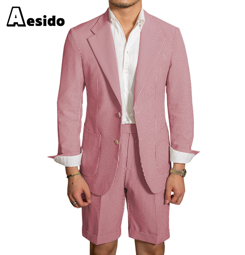 Aesido New Summer Seersucker Notch Lapel Fashion Men’s Suits Blazer+Shorts – Red R Aesido New Summer Seersucker Notch Lapel Fashion Men’s Suits Blazer+Shorts – Red R