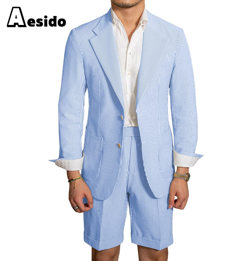 Aesido New Summer Seersucker Notch Lapel Fashion Men’s Suits Blazer+Shorts – Light Blue R Aesido New Summer Seersucker Notch Lapel Fashion Men’s Suits Blazer+Shorts – Light Blue R