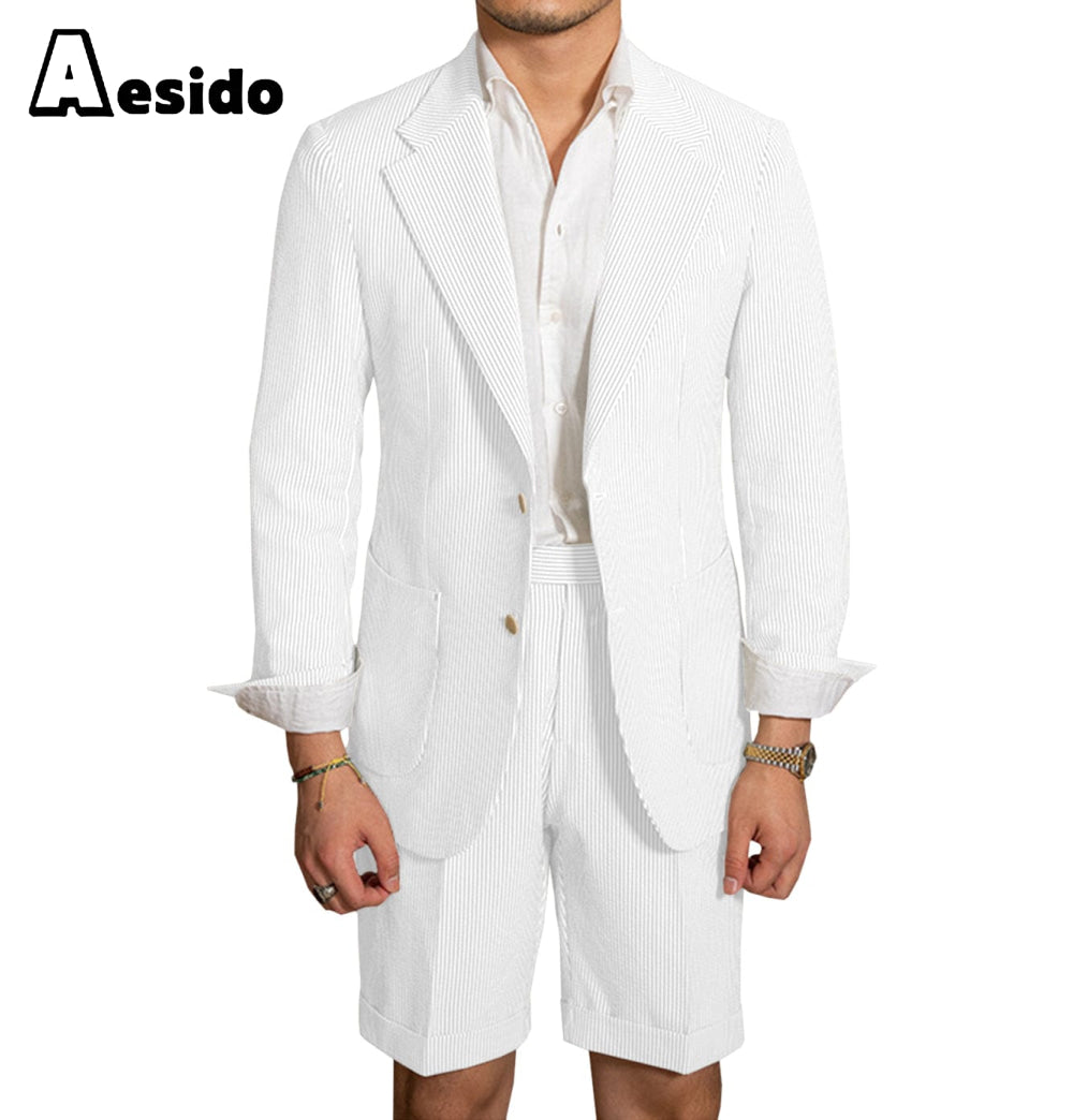 Aesido New Summer Seersucker Notch Lapel Fashion Men’s Suits Blazer+Shorts – White R Aesido New Summer Seersucker Notch Lapel Fashion Men’s Suits Blazer+Shorts – White R