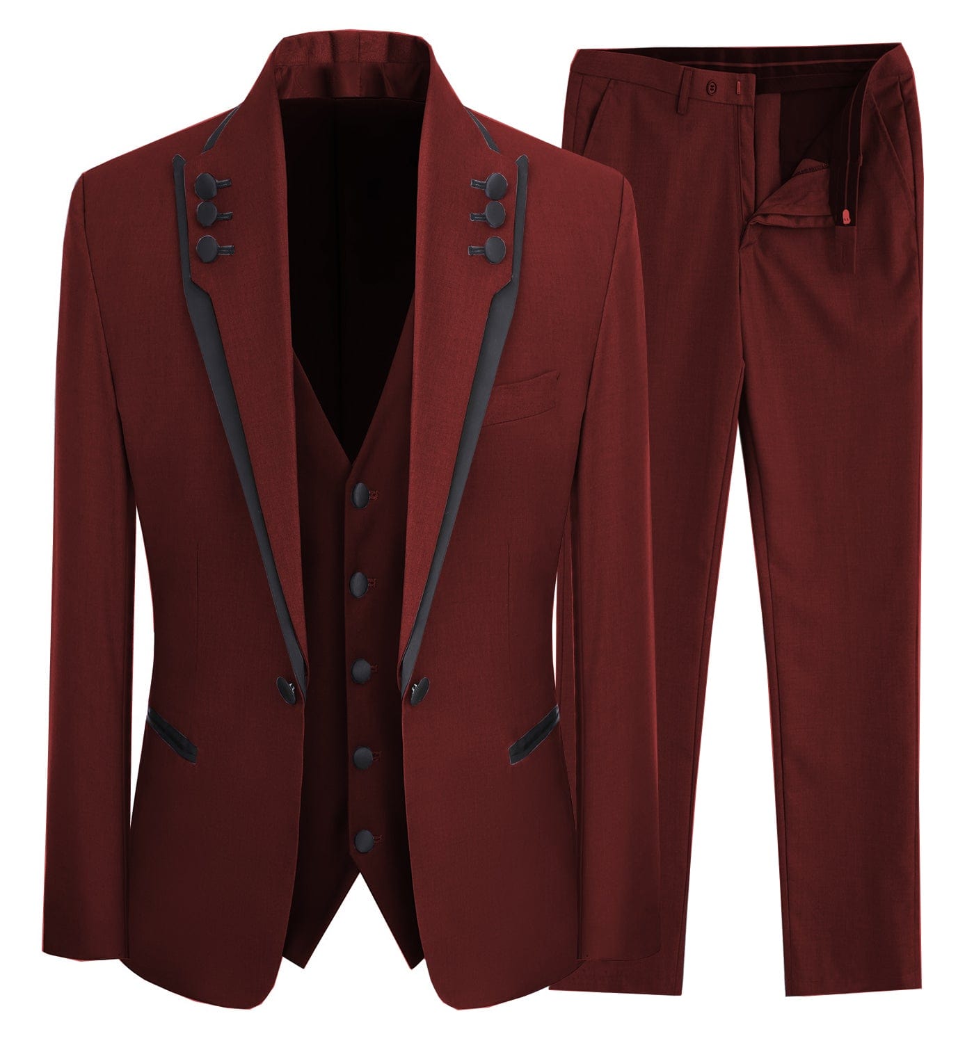 Aesido Piece Business Casual Shawl Lapel Men;s Suit Blazer+Vest+Pants – Burgundy R Aesido Piece Business Casual Shawl Lapel Men;s Suit Blazer+Vest+Pants – Burgundy R