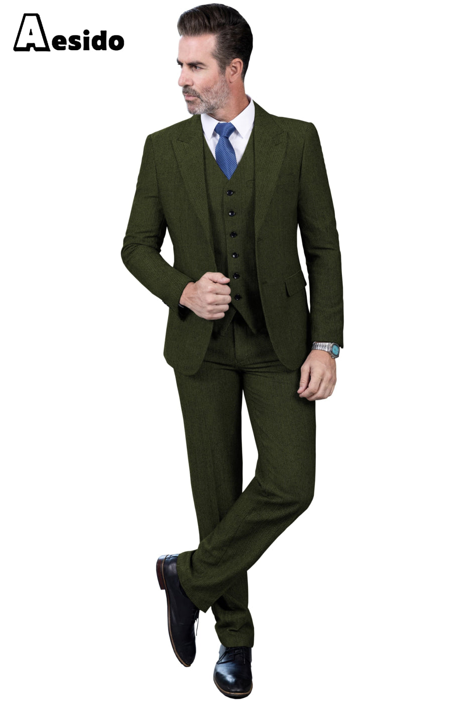 Aesido Piece Business Peak Lapel Men’s Suit Blazer+Vest+Pants – Army Green R Aesido Piece Business Peak Lapel Men’s Suit Blazer+Vest+Pants – Army Green R