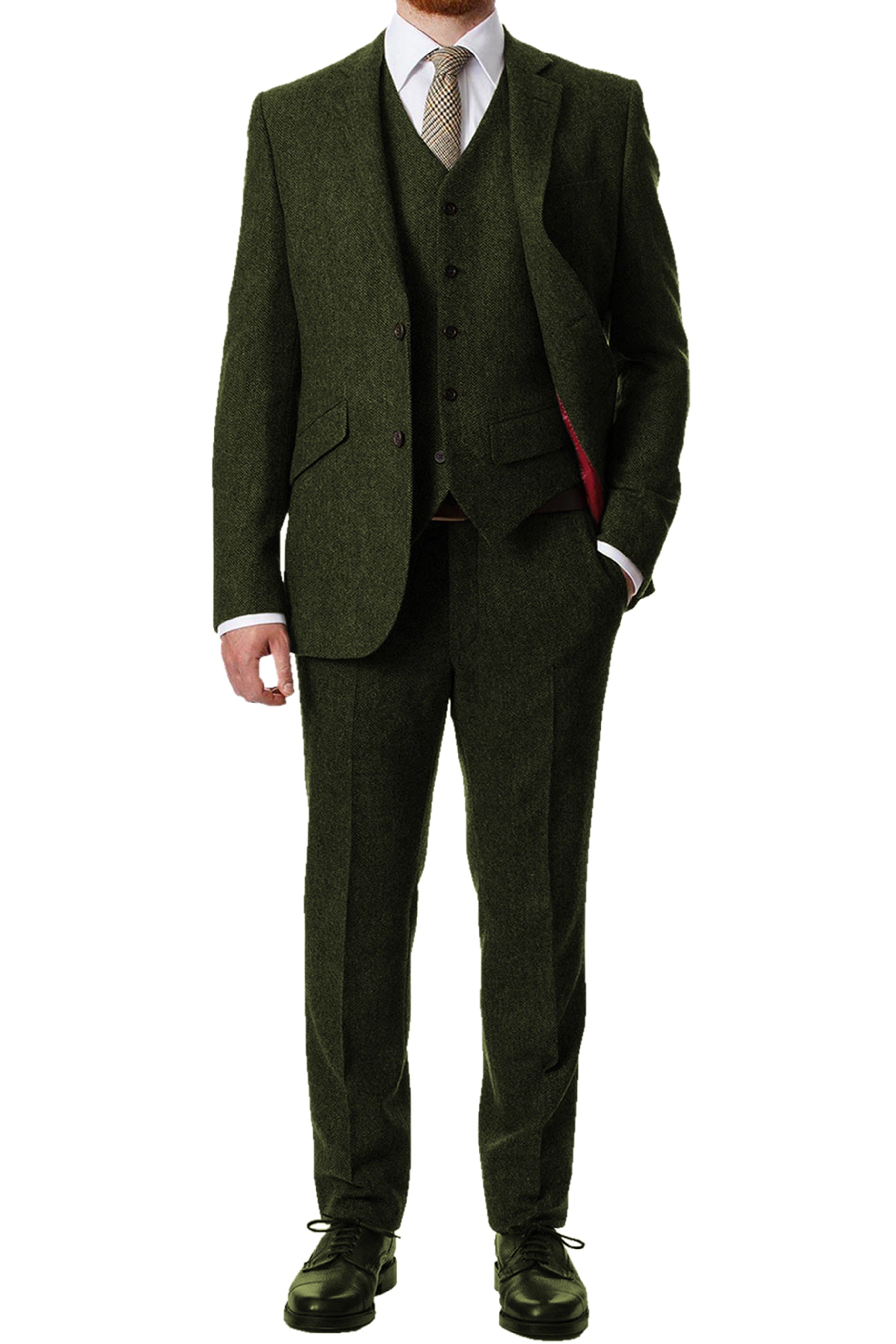 Aesido Piece Notch Lapel Men’s Suit Blazer+Vest+Pants – Army Green R