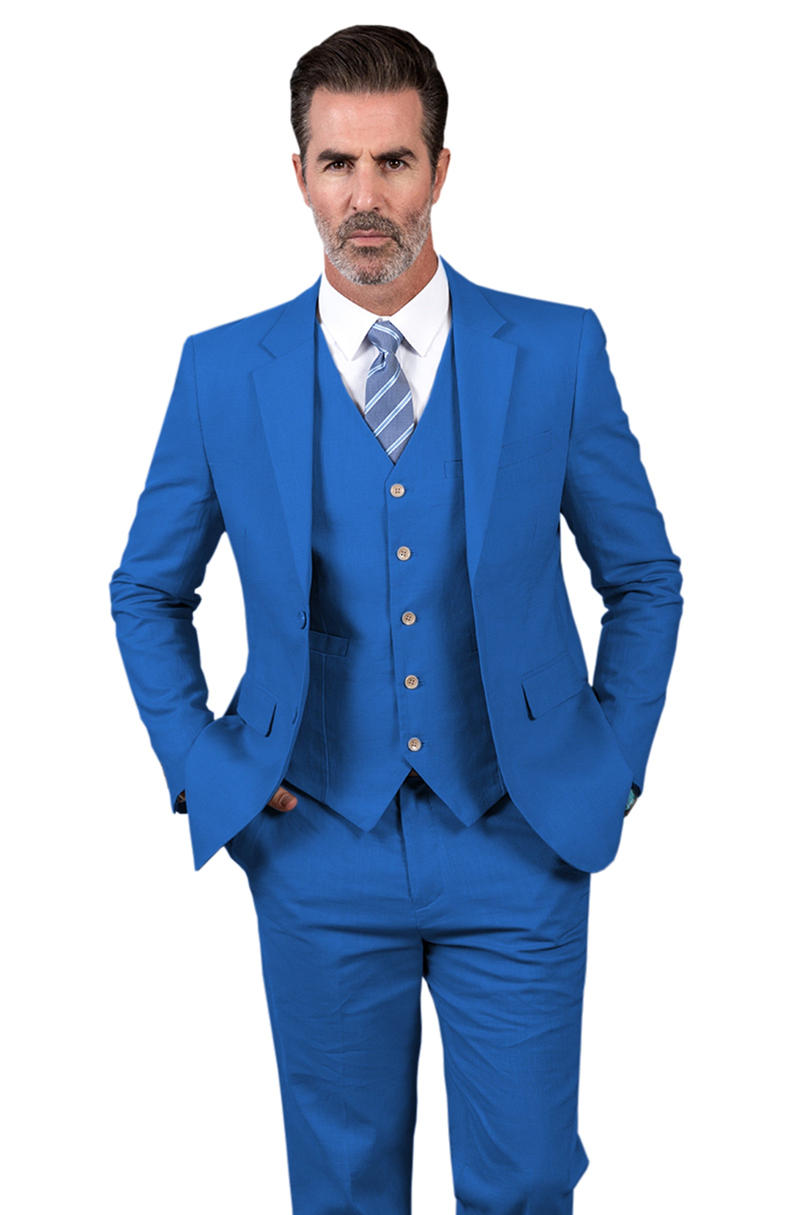 Aesido Linen Piece Notch Lapel Men’s Suit For Wedding Blazer+Vest+Pants – Blue R Aesido Linen Piece Notch Lapel Men’s Suit For Wedding Blazer+Vest+Pants – Blue R
