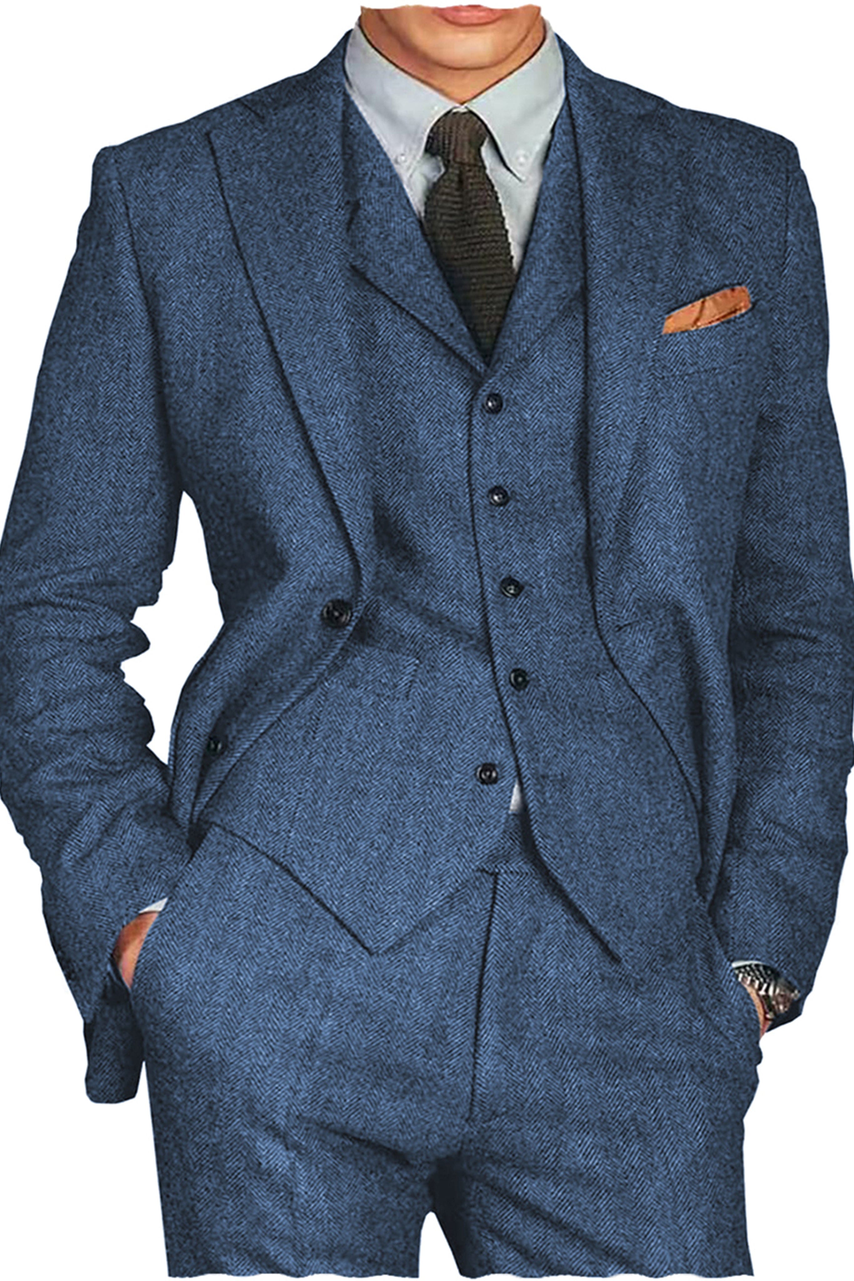 Men’s Classic Herringbone -Piece Suit Set Blazer, Vest & Tailored Pants – Blue R Men’s Classic Herringbone -Piece Suit Set Blazer, Vest & Tailored Pants – Blue R