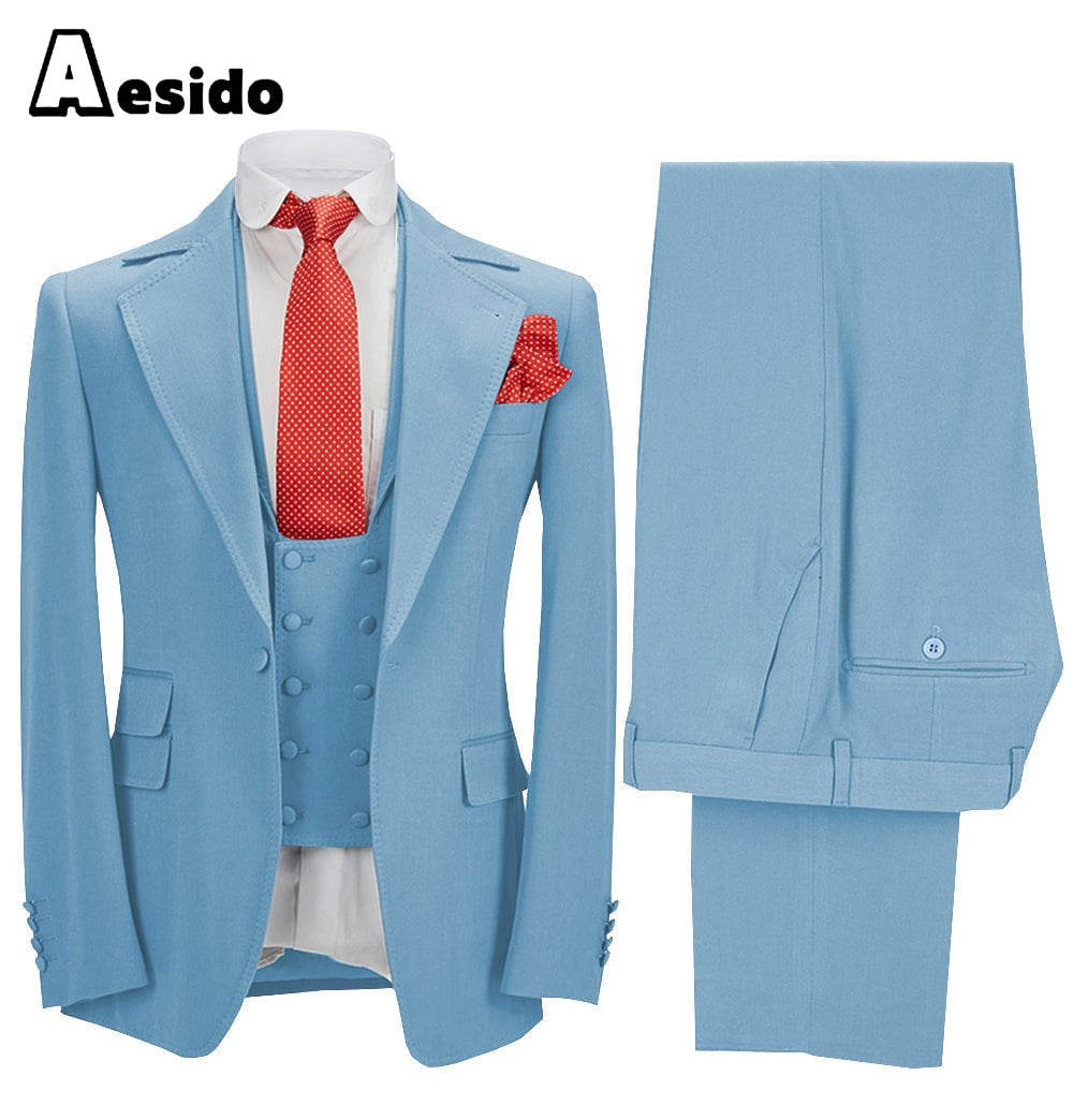 Aesido Pieces Business Mens Suit Blazer+vest+Pants – Light Blue R Aesido Pieces Business Mens Suit Blazer+vest+Pants – Light Blue R