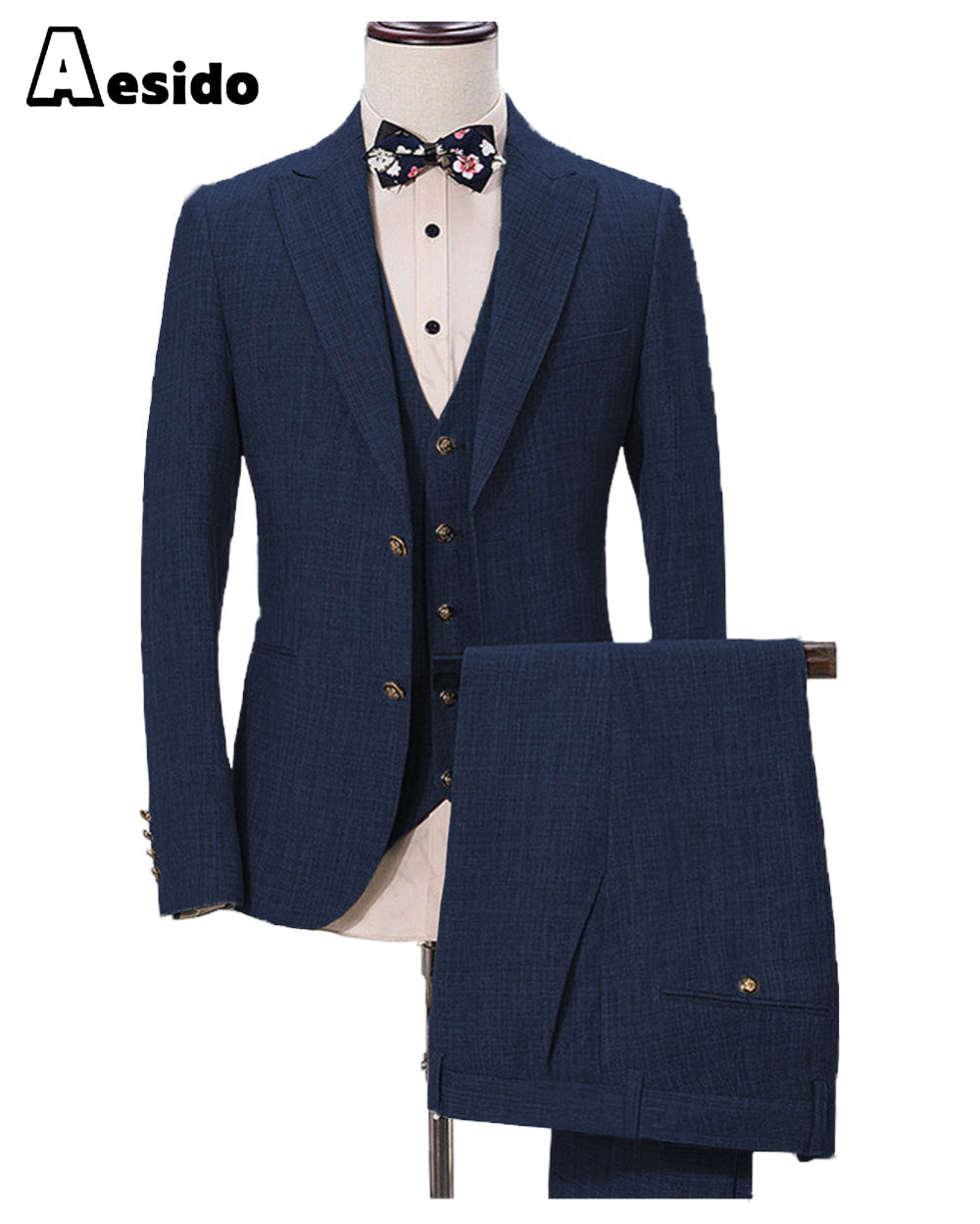 Aesido Pieces Business Mens Suit Regular Fit Peak Lapel Flat Blazer For Wedding Blazer+vest+Pants – Navy R