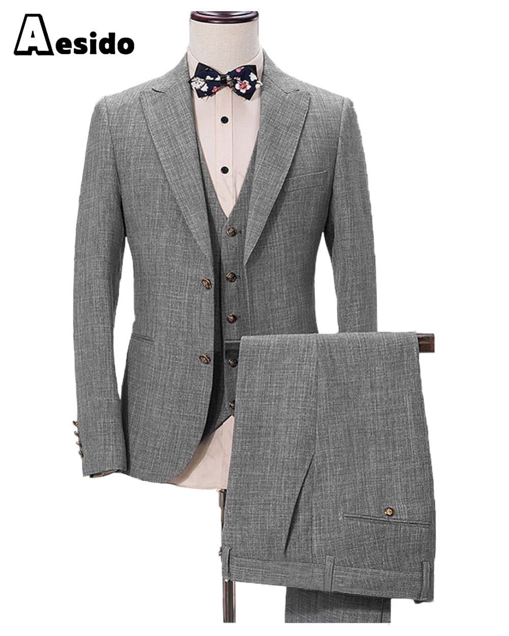 Aesido Pieces Business Mens Suit Regular Fit Peak Lapel Flat Blazer For Wedding Blazer+vest+Pants – Grey R