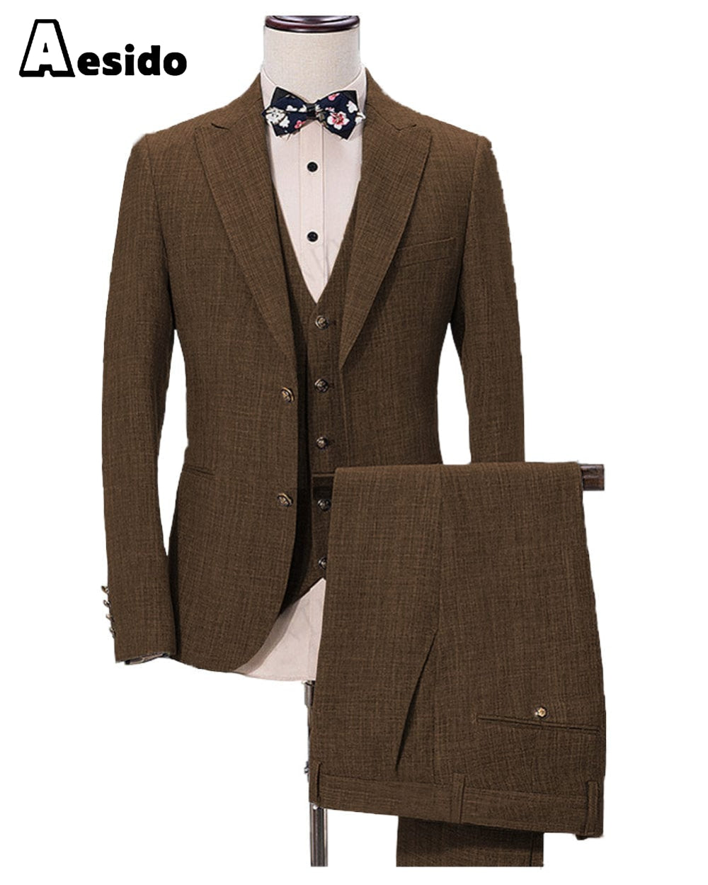 Aesido Pieces Business Mens Suit Regular Fit Peak Lapel Flat Blazer For Wedding Blazer+vest+Pants – Brown R