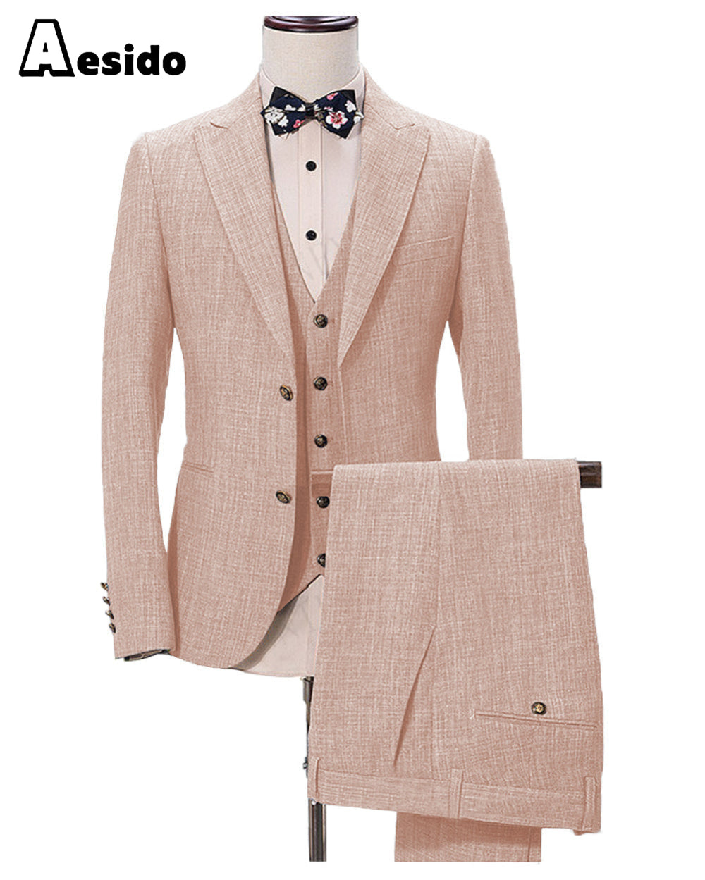 Aesido Pieces Business Mens Suit Regular Fit Peak Lapel Flat Blazer For Wedding Blazer+vest+Pants – Pink R
