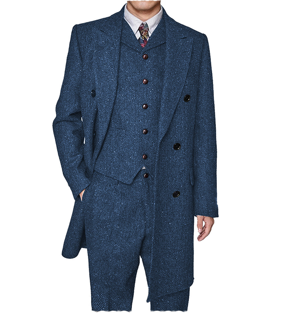 Aesido Pieces Business Mens Suit Regular Fit Peak Lapel Herringbone BlazerBlazer+vest+Pants – Blue R