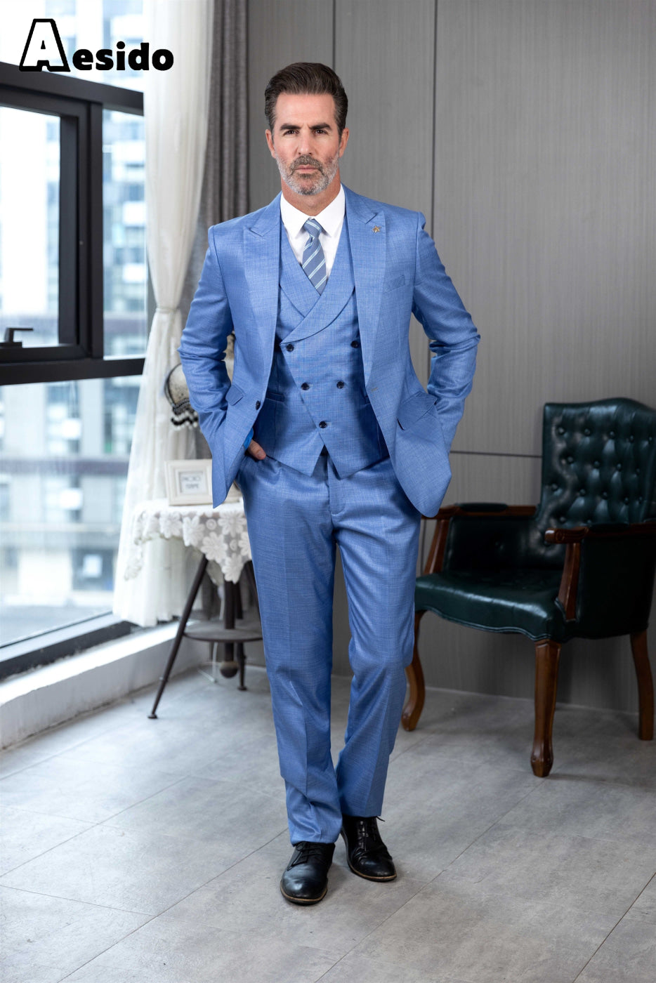 Aesido Pieces Business Peak Lapel Men’s Suit Blazer+Vest+Pants – Blue R