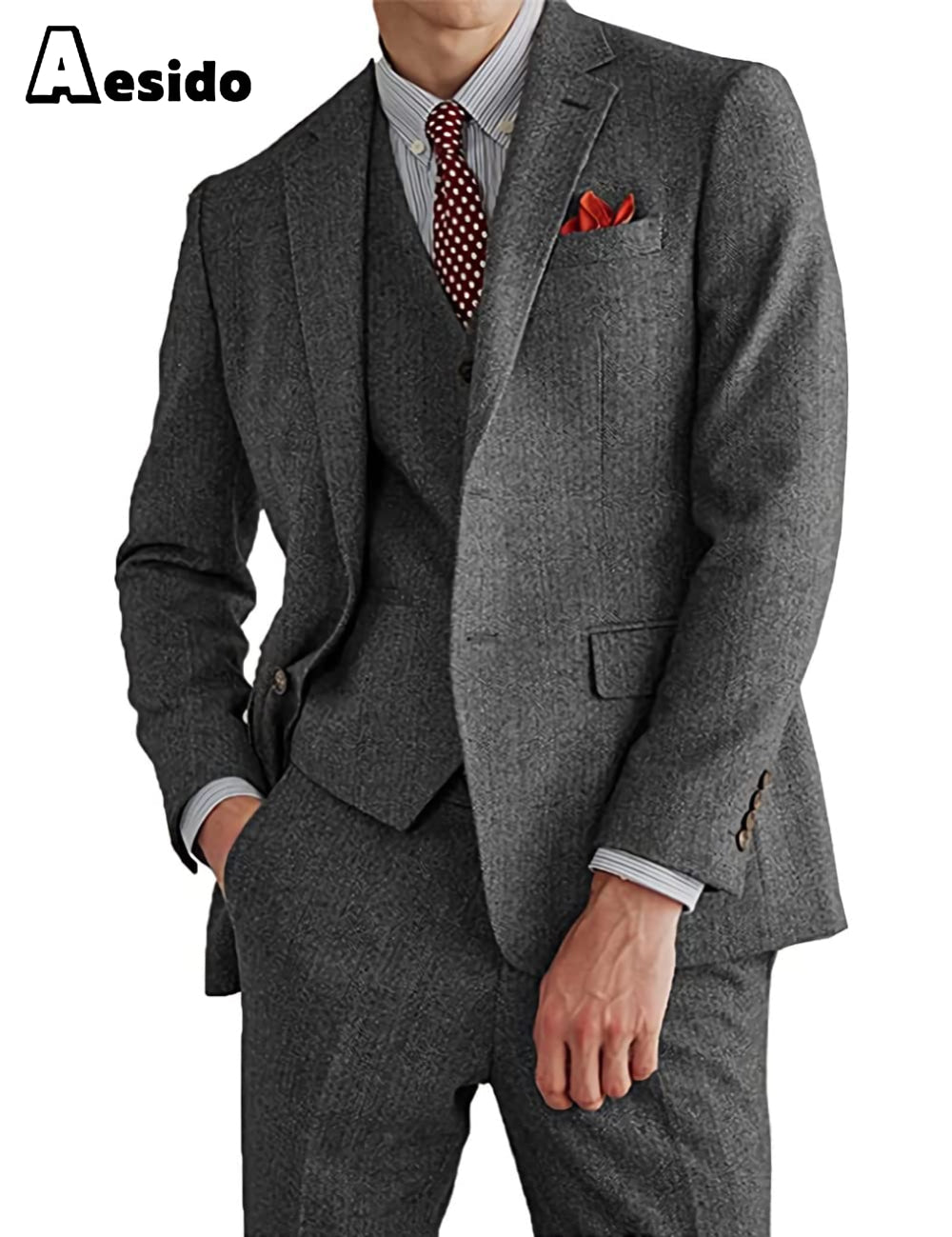 Aesido Pieces Mens Suit For Wedding Blazer+Vest+Pants – Grey R Aesido Pieces Mens Suit For Wedding Blazer+Vest+Pants – Grey R