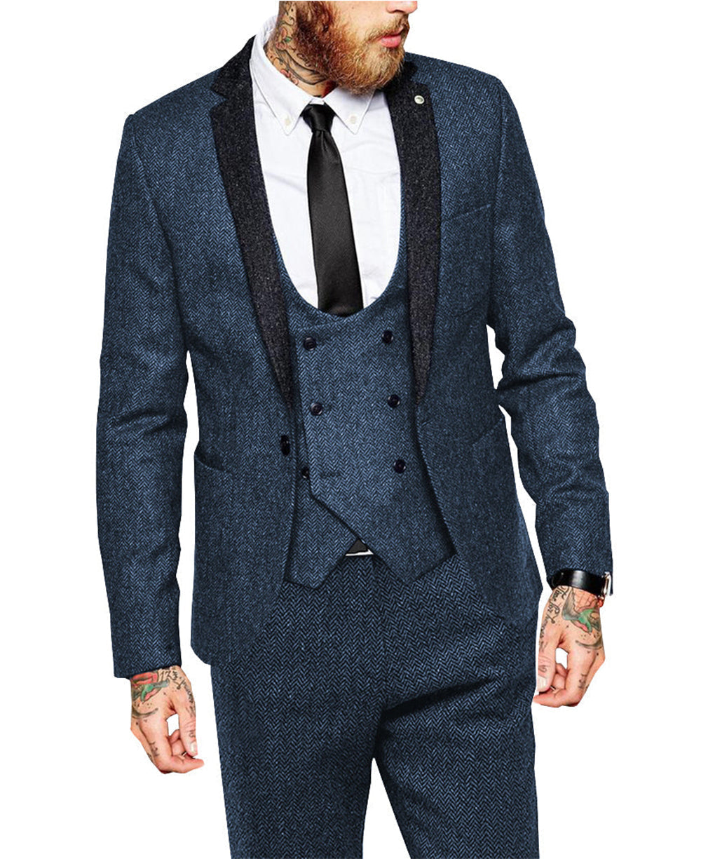Aesido Pieces Mens Suit Herringbone Notch Lapel Blazer For Wedding Blazer+vest+Pants – Light Blue R Aesido Pieces Mens Suit Herringbone Notch Lapel Blazer For Wedding Blazer+vest+Pants – Light Blue R