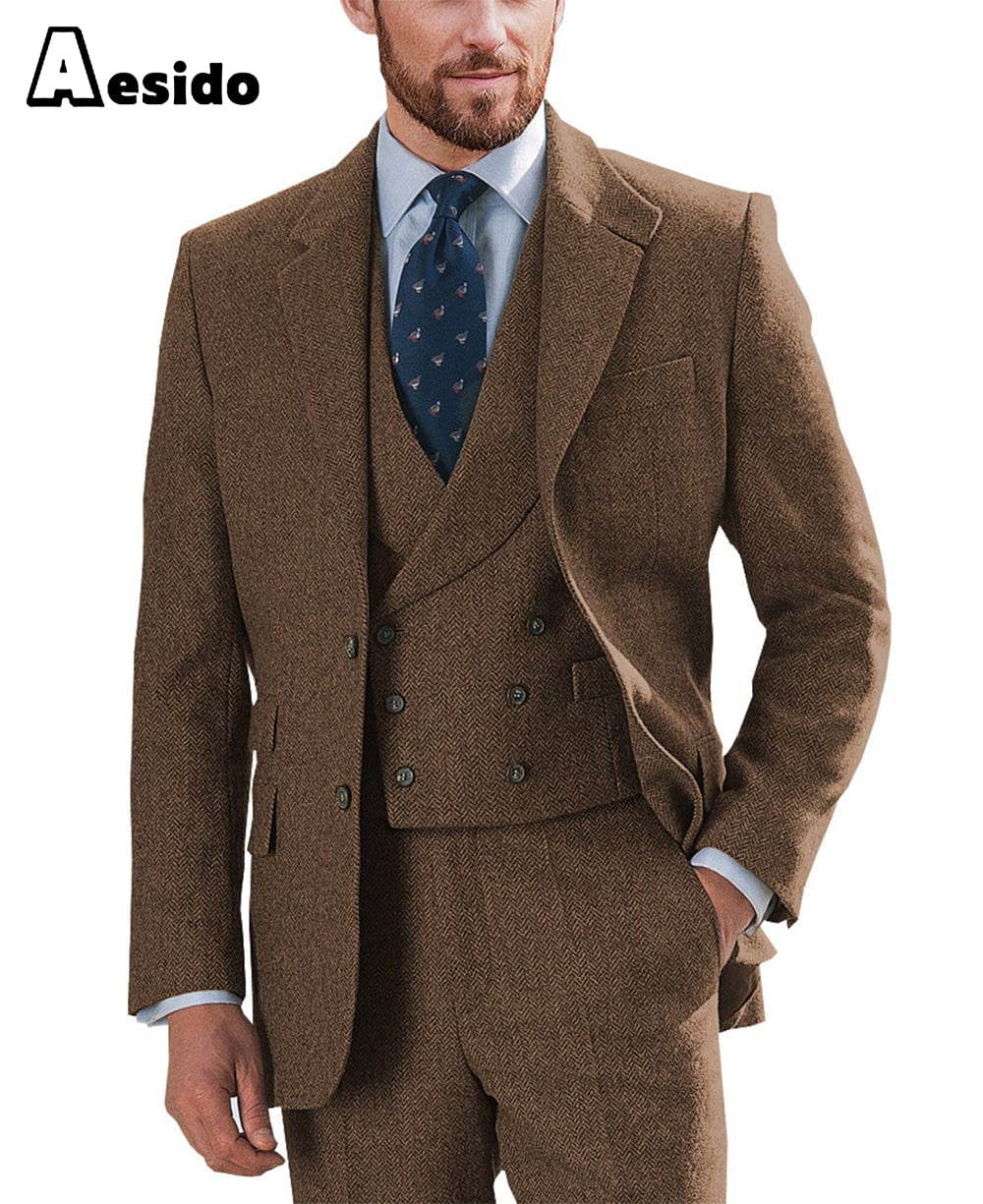 Aesido Pieces Mens Suit Notch Lapel Blazer Blazer+vest+Pants – Brown R Aesido Pieces Mens Suit Notch Lapel Blazer Blazer+vest+Pants – Brown R