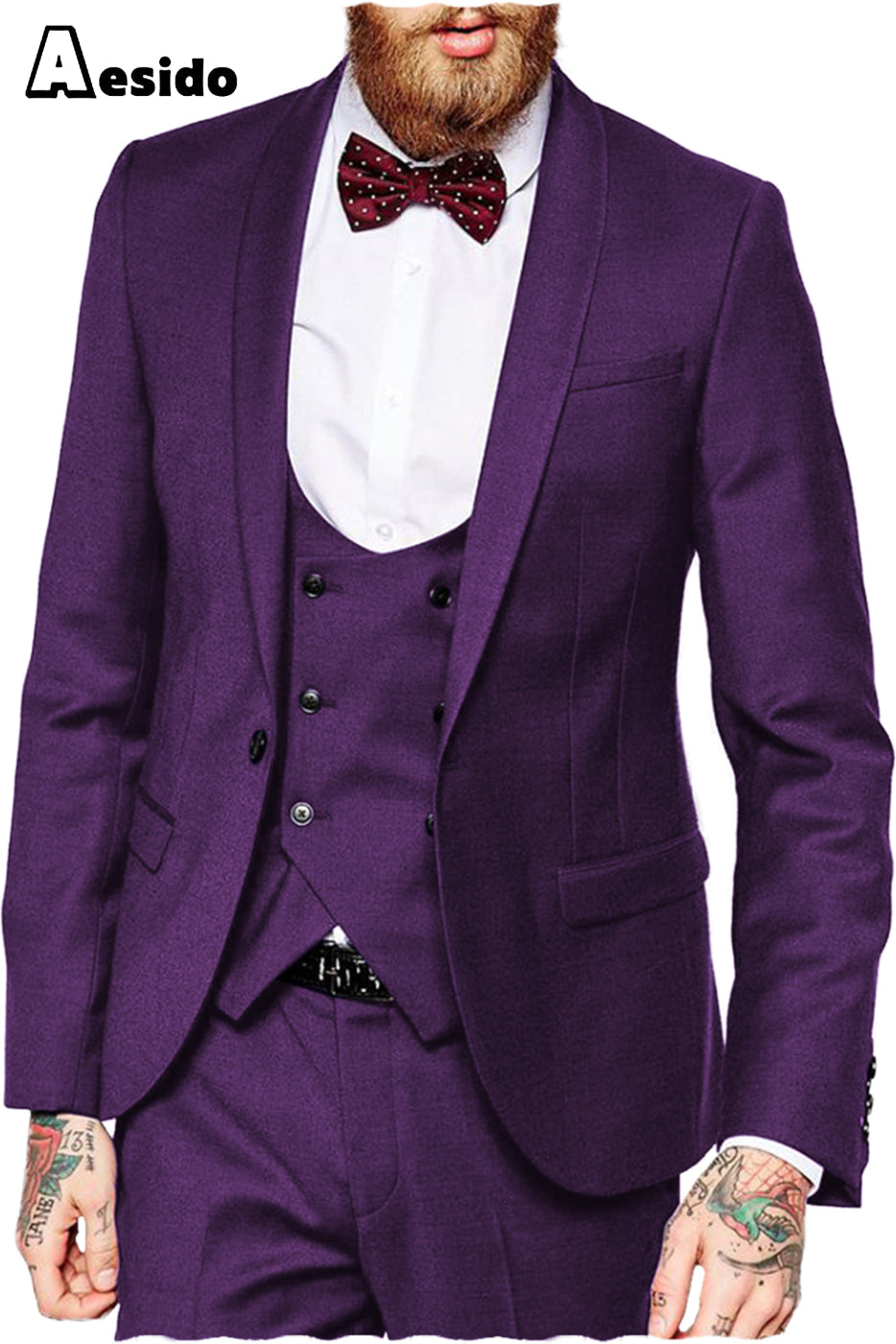 Aesido Pieces Notch Lapel Men’s Suit Blazer+Vest+Pants – Dark Purple R Aesido Pieces Notch Lapel Men’s Suit Blazer+Vest+Pants – Dark Purple R