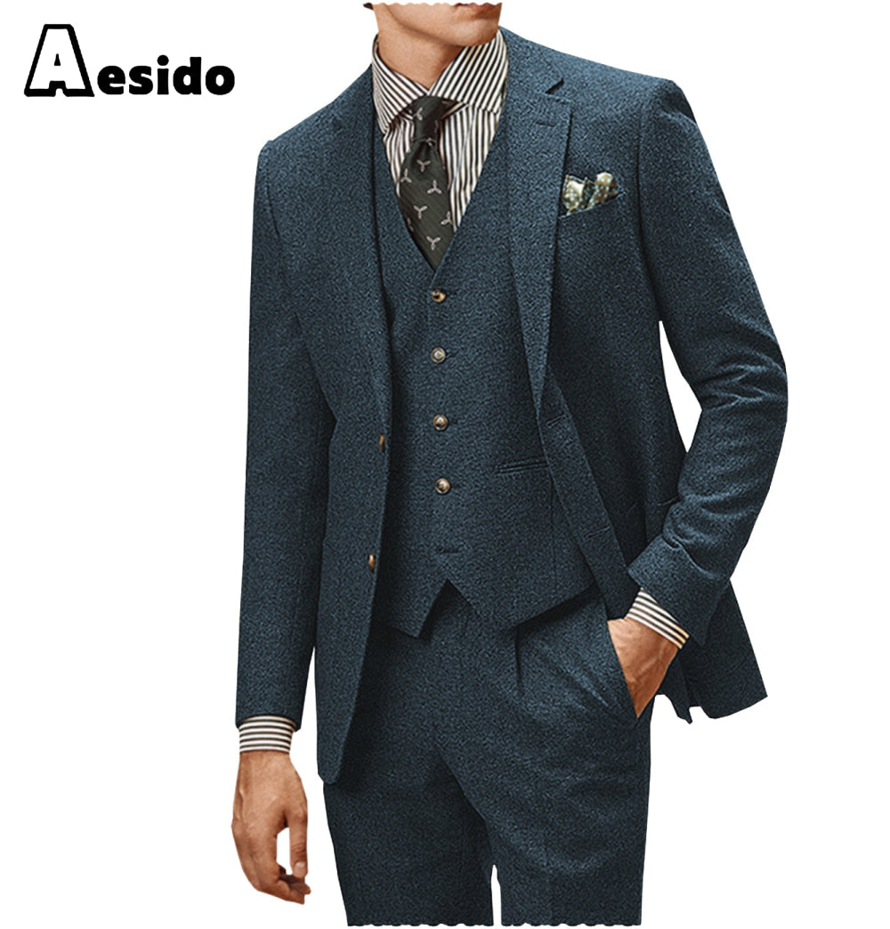Aesido Pieces Notch Lapel Men Suit Blazer+Vest+Pants – Blue R Aesido Pieces Notch Lapel Men Suit Blazer+Vest+Pants – Blue R