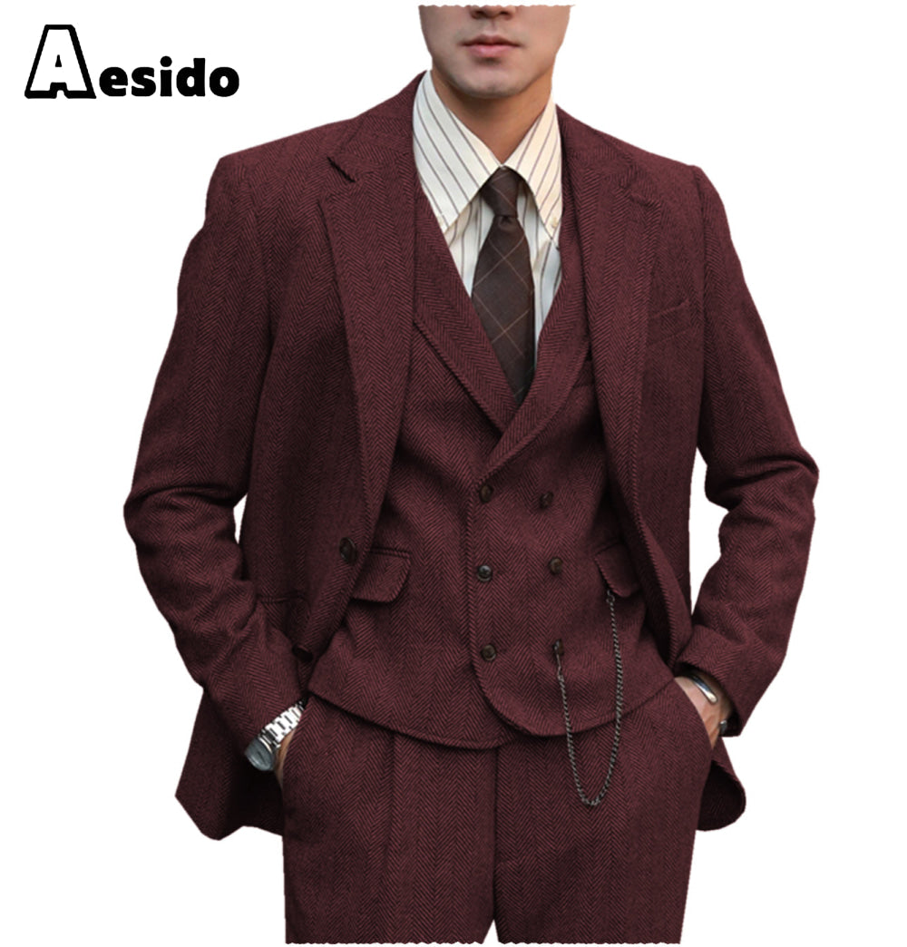 Aesido Pieces Double Breasted Business Casual Slim Fit Men Suit(Blazer+Vest+Pants) – Burgundy R Aesido Pieces Double Breasted Business Casual Slim Fit Men Suit(Blazer+Vest+Pants) – Burgundy R