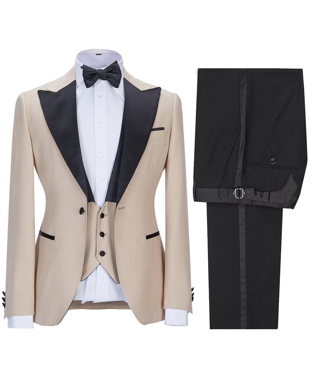 Aesido Pieces Peak Lapel Flat Mens Suit Blazer+vest+Pants – Beige R Aesido Pieces Peak Lapel Flat Mens Suit Blazer+vest+Pants – Beige R