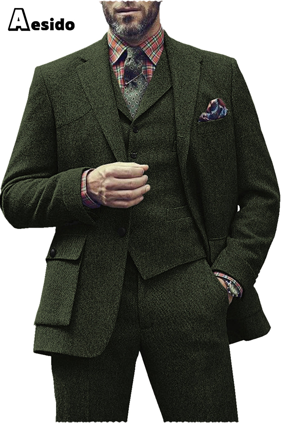 Aesido Pieces Single Button Notch Lapel Men Suit Blazer+Vest+Pants – Army Green R Aesido Pieces Single Button Notch Lapel Men Suit Blazer+Vest+Pants – Army Green R