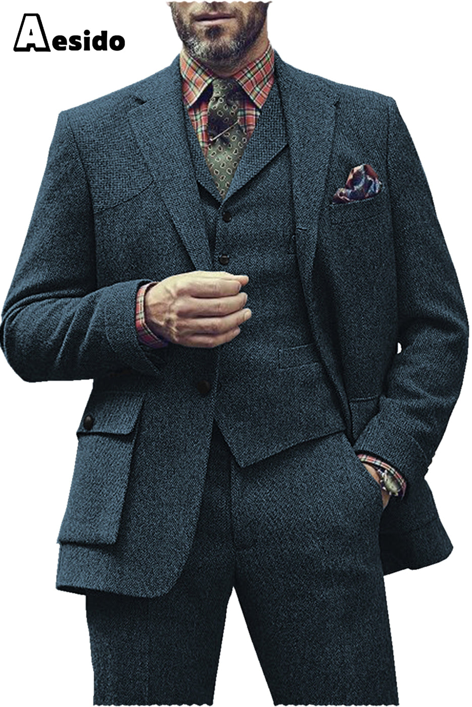 Aesido Pieces Single Button Notch Lapel Men Suit Blazer+Vest+Pants – Blue R