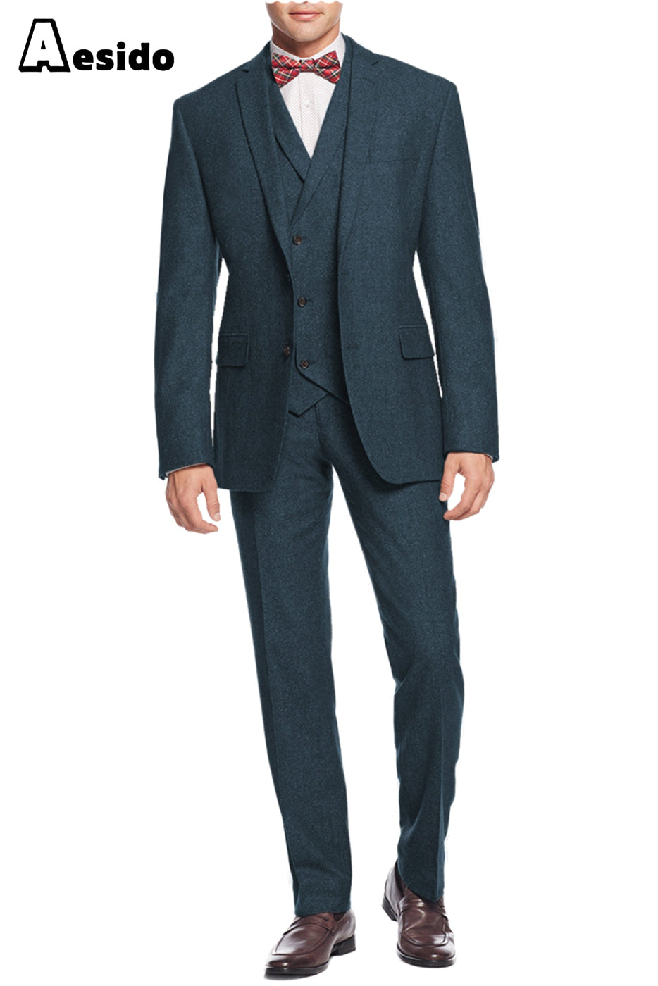 Aesido Pieces Single Button Notch Lapel Men Suit Blazer+Vest+Pants – Blue R