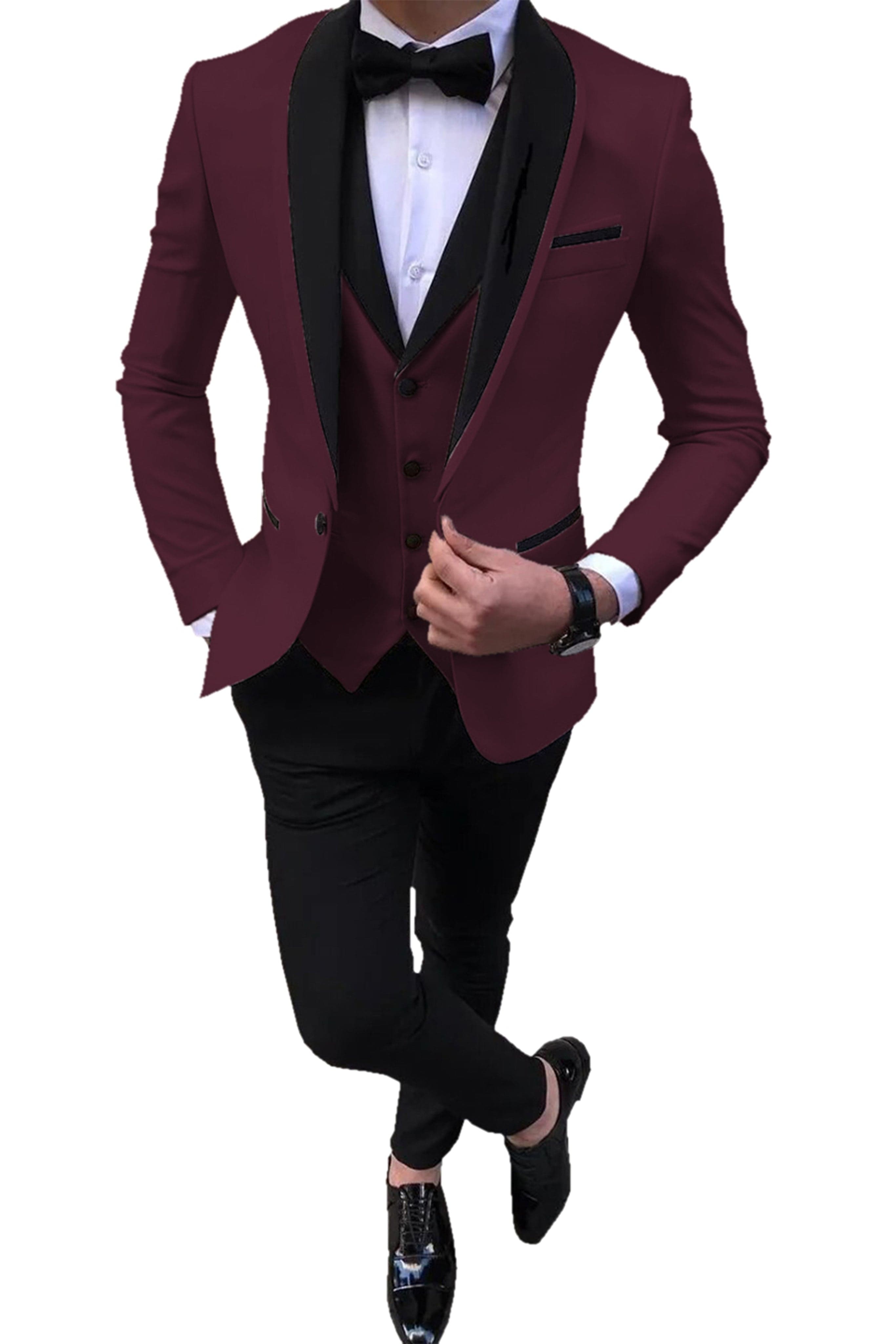 Aesido Pieces Slim Fit Single Buttons Men’s Suit(Blazer+Vest+Pants) – Burgundy R Aesido Pieces Slim Fit Single Buttons Men’s Suit(Blazer+Vest+Pants) – Burgundy R