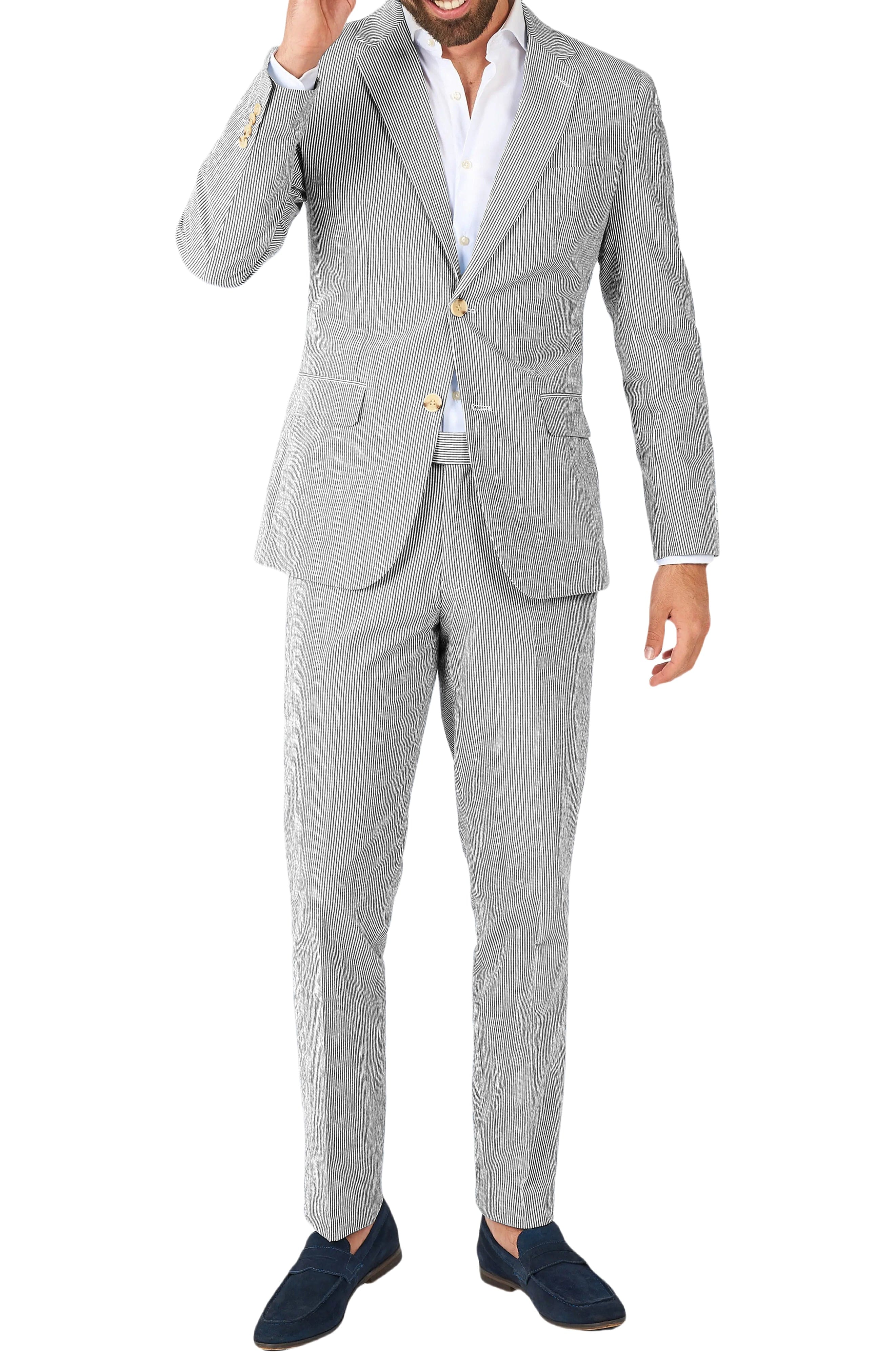 Blue Piece Summer Seersucker Double Button Notch Lapel Men Suit Blazer+Pants – Black R