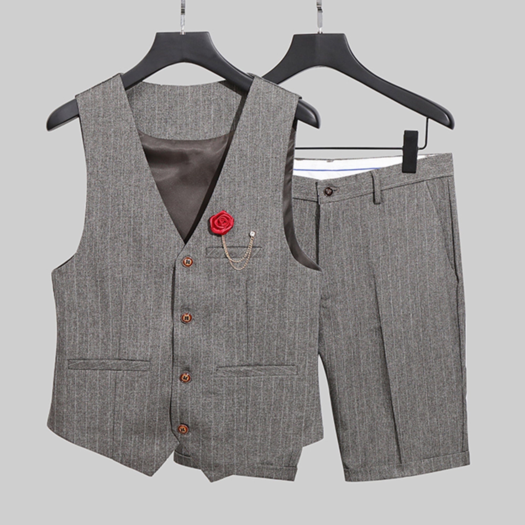 Grey Piece Striped Casual Slim Fit Men’s Waistcoat Vest+Shorts – khaki R Grey Piece Striped Casual Slim Fit Men’s Waistcoat Vest+Shorts – khaki R
