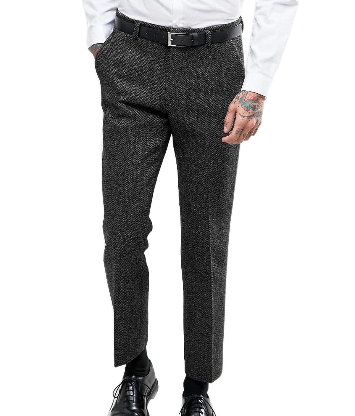Aesido Herringbone Tweed Trousers – Black W X L
