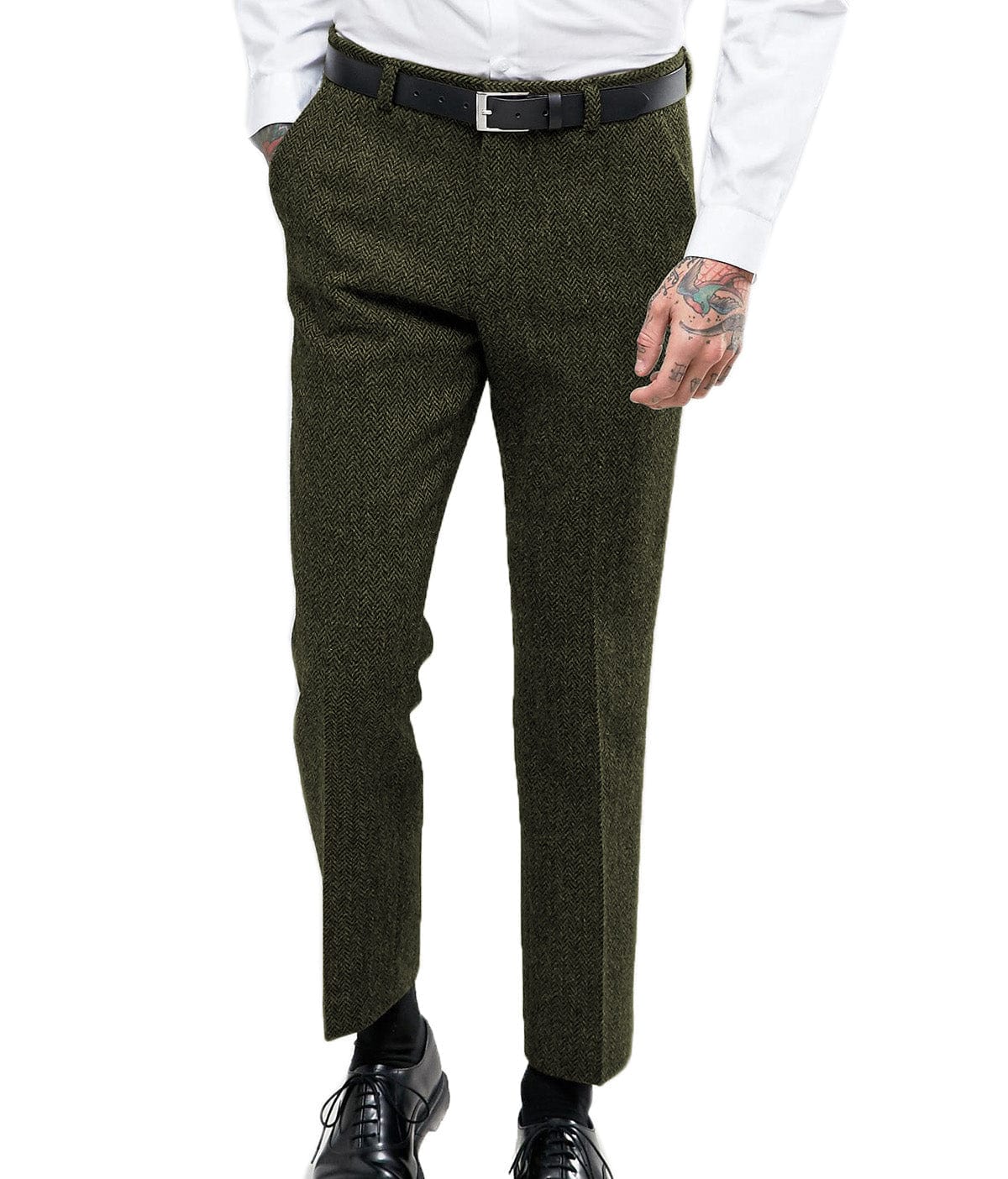 Aesido Herringbone Tweed Trousers – Army Green W X L Aesido Herringbone Tweed Trousers – Army Green W X L