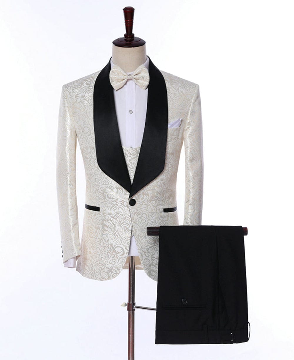 Aesido Ivory Patterned Pieces Mens Suit Formal Shawl Lapel Tuxedos Blazer+Vest+Pants – Ivory R