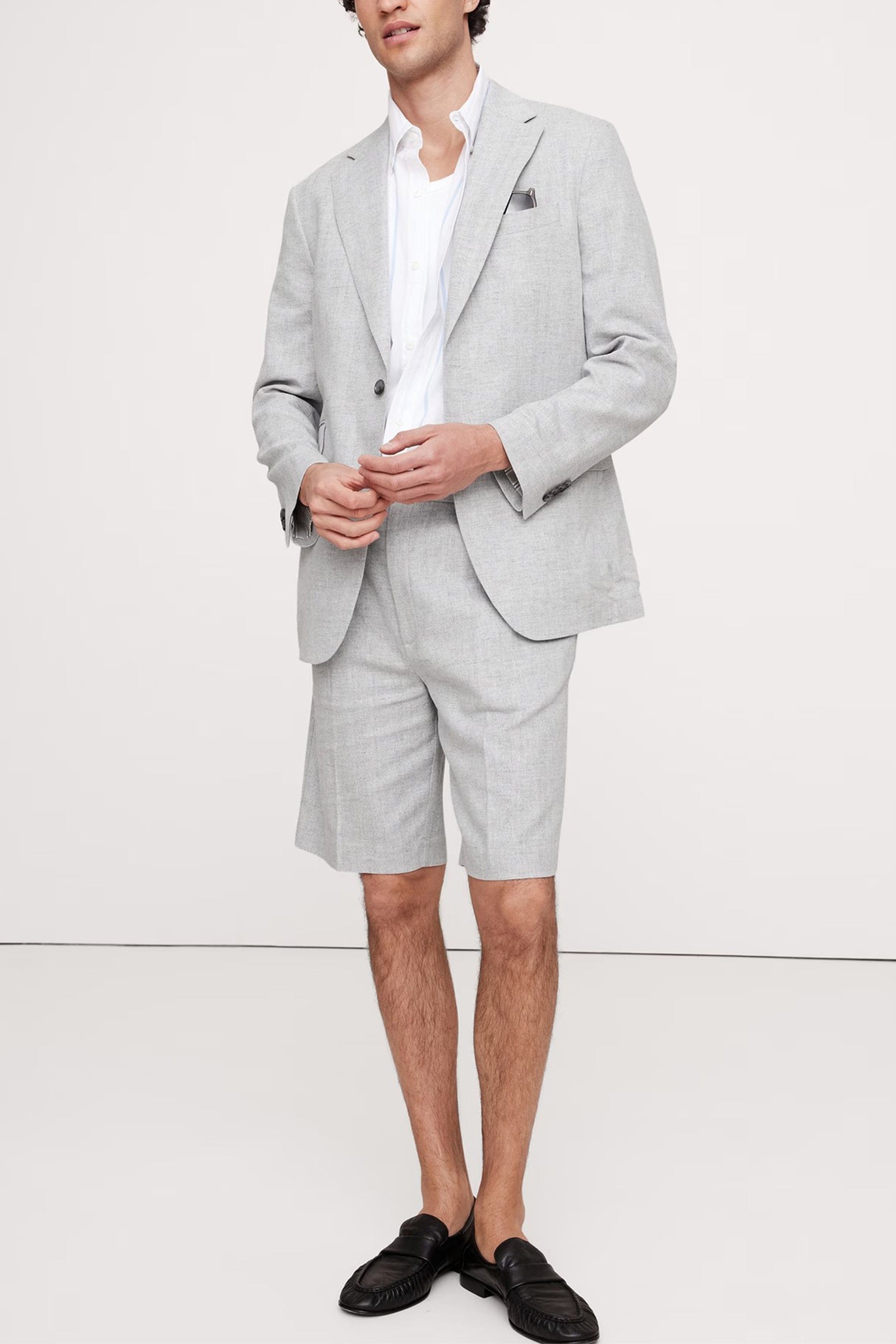 Light Grey Piece Summer Herringbone Double Button Business Casual Men Suit Blazer+Shorts – Light Grey R Light Grey Piece Summer Herringbone Double Button Business Casual Men Suit Blazer+Shorts – Light Grey R