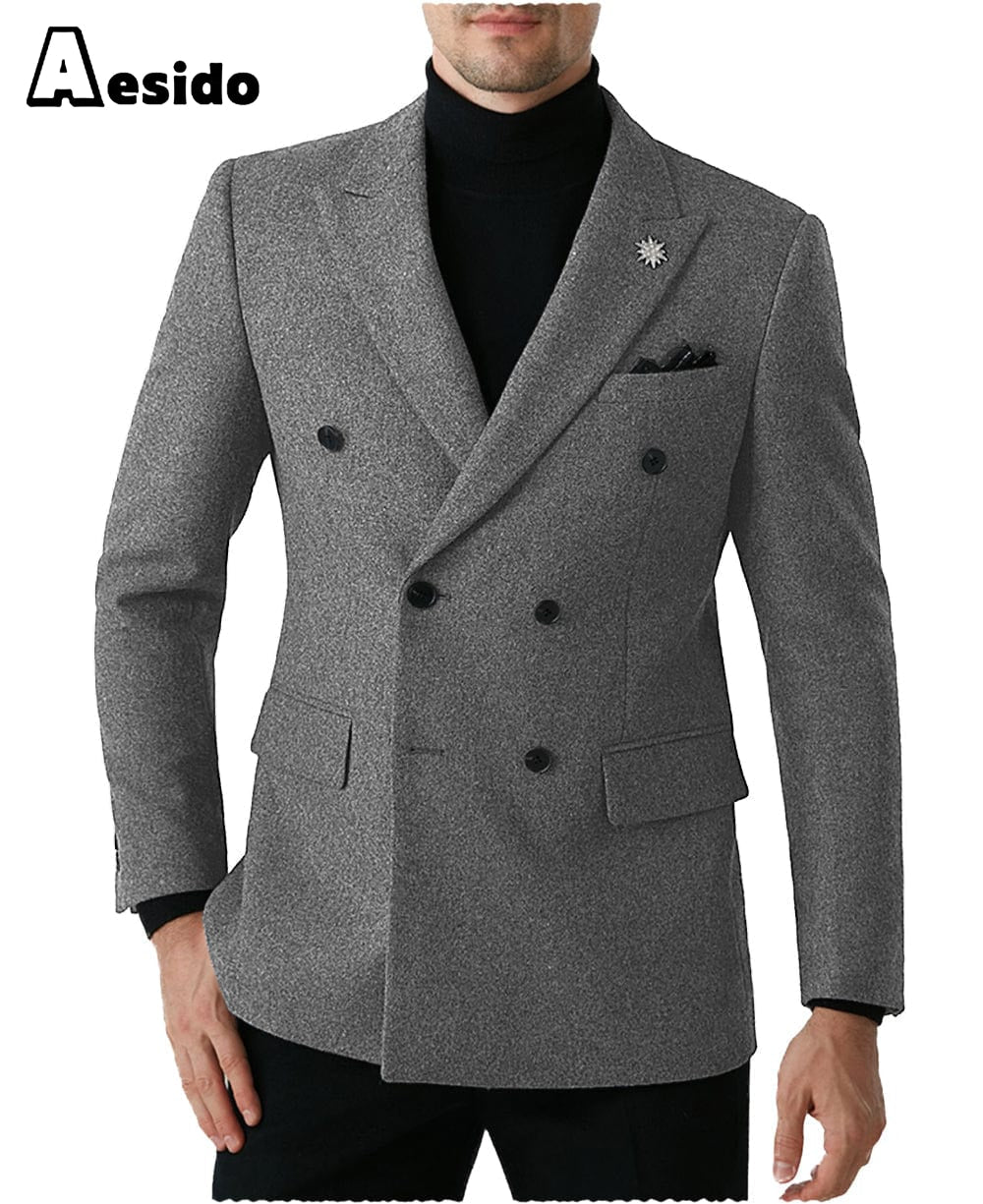 Aesido Men Double Button Notch Lapel Tweed Blazer – Grey R Aesido Men Double Button Notch Lapel Tweed Blazer – Grey R