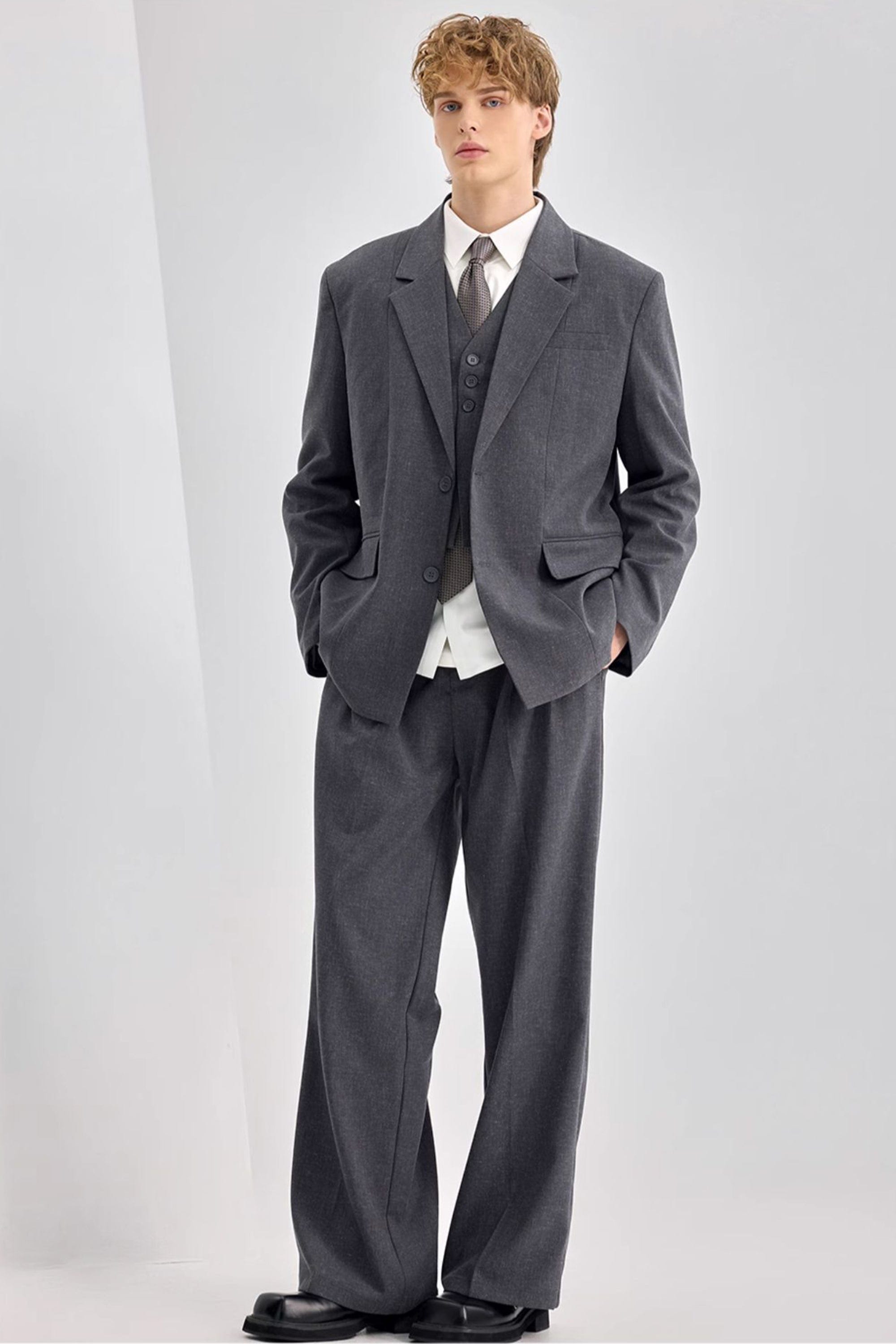 Men’s Black Suit -Piece Single-Breasted Blazer with Trousers – Grey R
