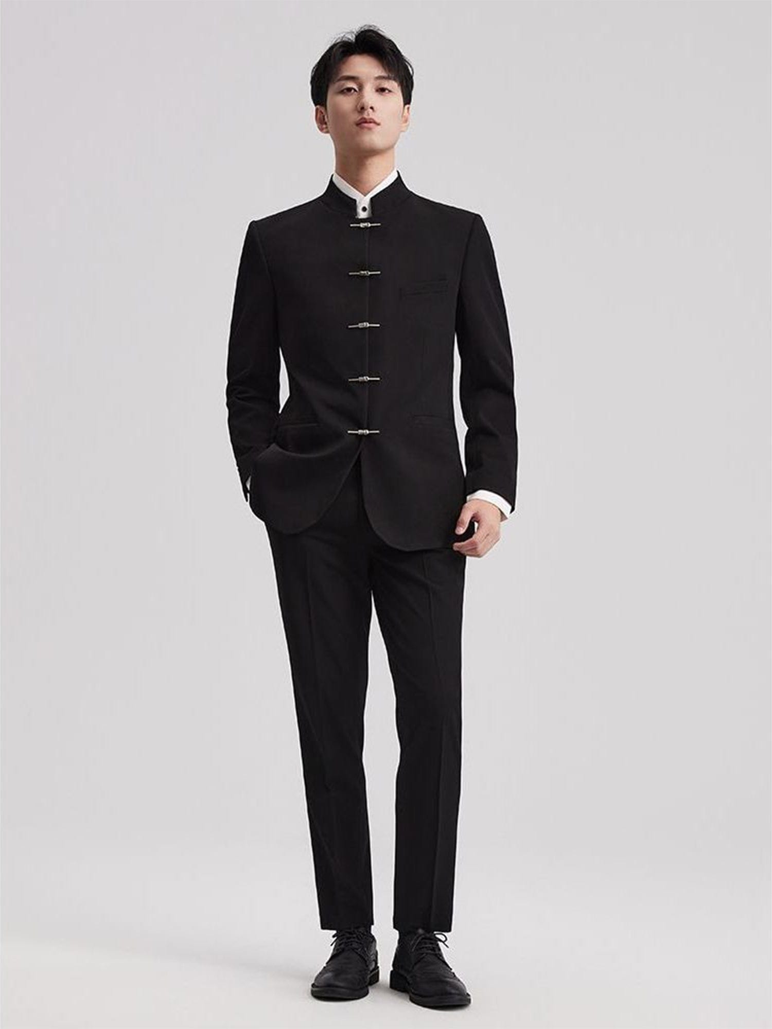 Men’s Black Two-Piece Suit Stand Collar Blazer & Trousers – Black R