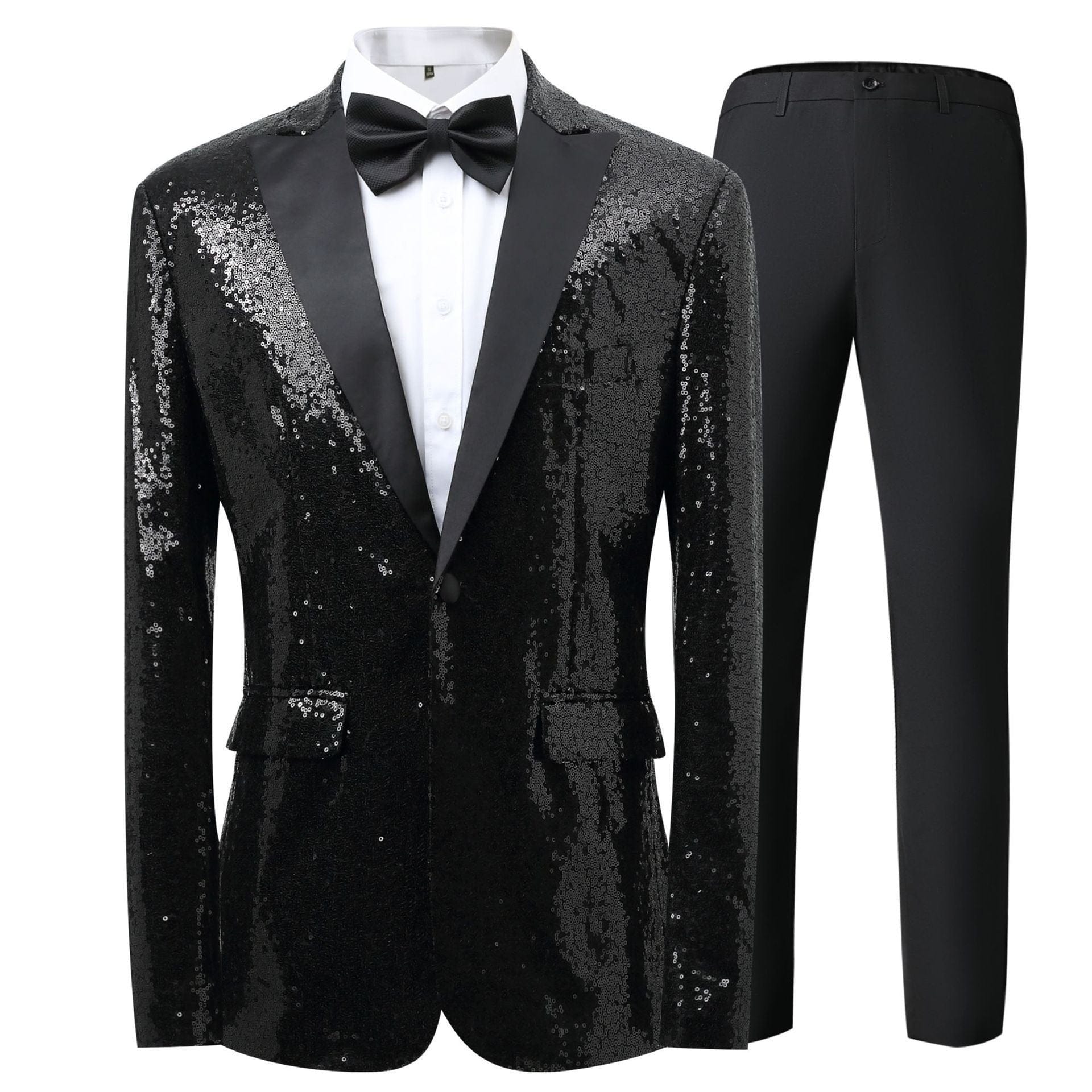 Men’s Blue Sequin Tuxedo Suit Black Satin Peak Lapel Blazer & Pants Men’s Blue Sequin Tuxedo Suit Black Satin Peak Lapel Blazer & Pants