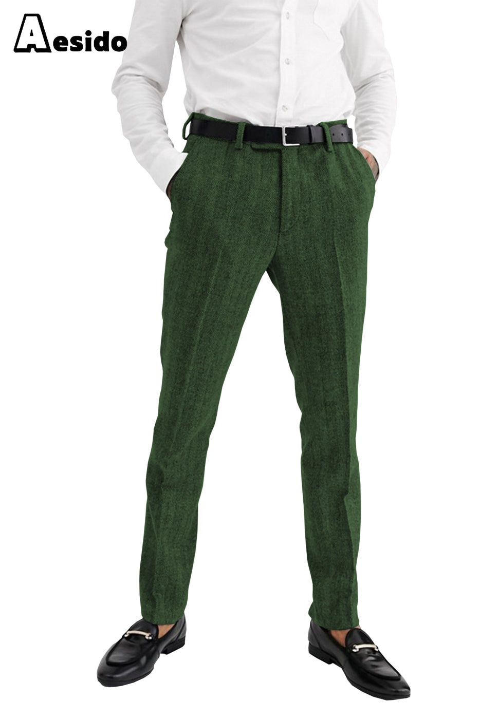 Aesido Men’s Herringbone Trousers – Green W X L