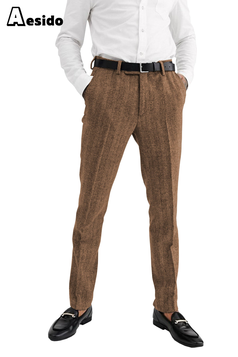 Aesido Men’s Herringbone Trousers – Brown W X L Aesido Men’s Herringbone Trousers – Brown W X L