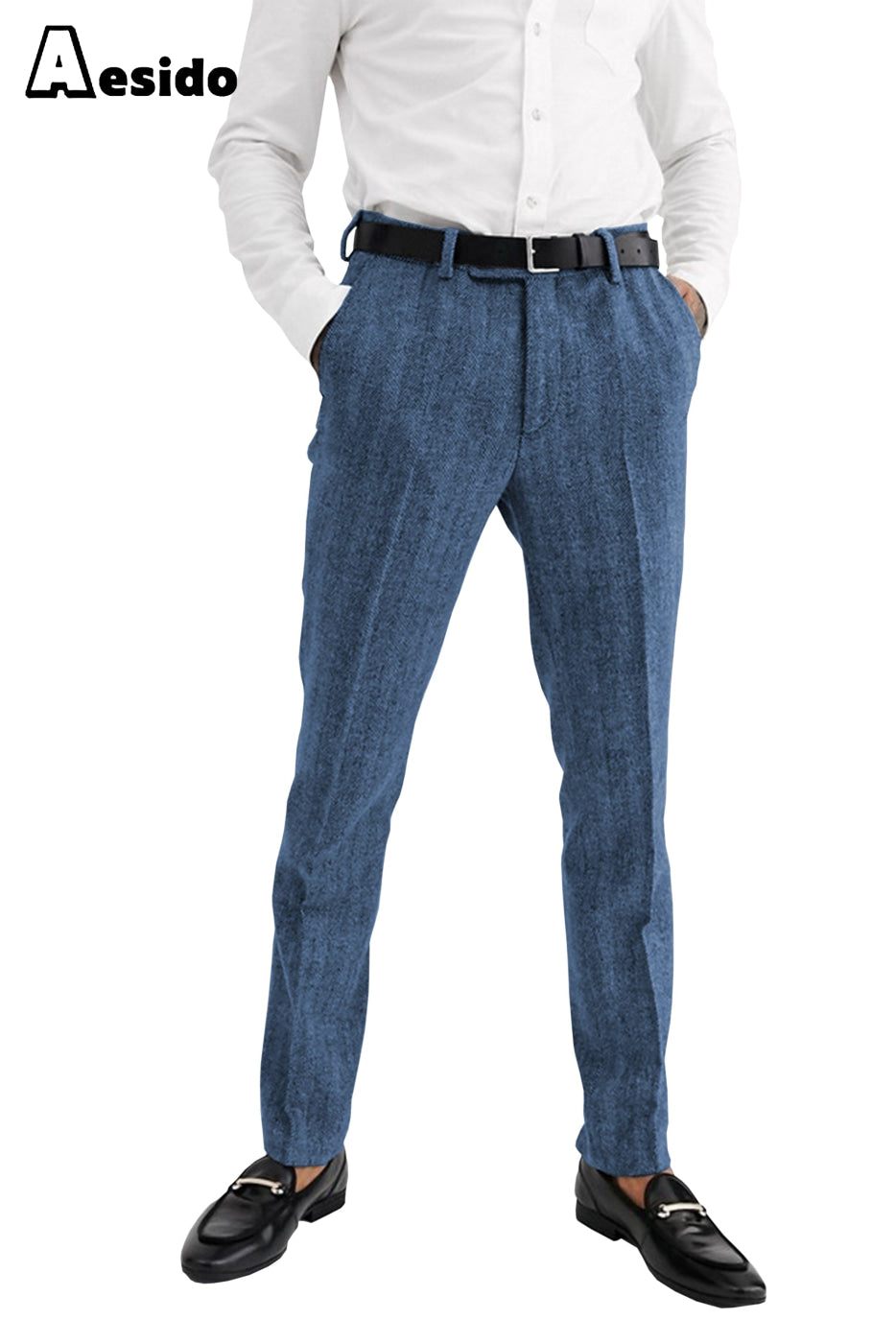 Aesido Men’s Herringbone Trousers – Light Blue W X L Aesido Men’s Herringbone Trousers – Light Blue W X L
