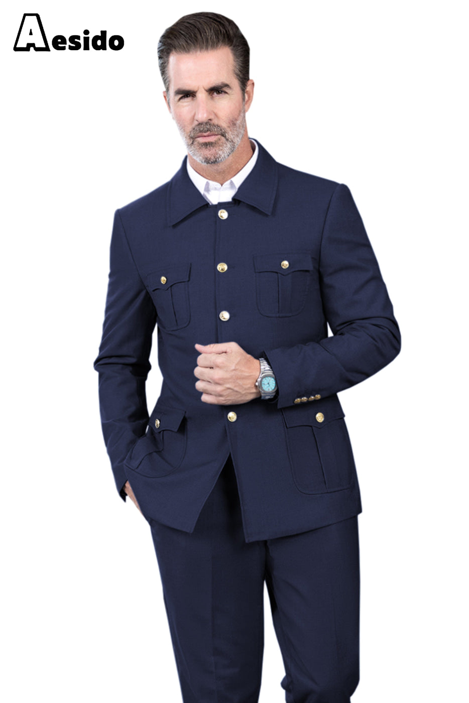 Aesido Piece Business Casual Multi Pocke Stand Collar Men’s Suit Blazer+Pants – Navy R