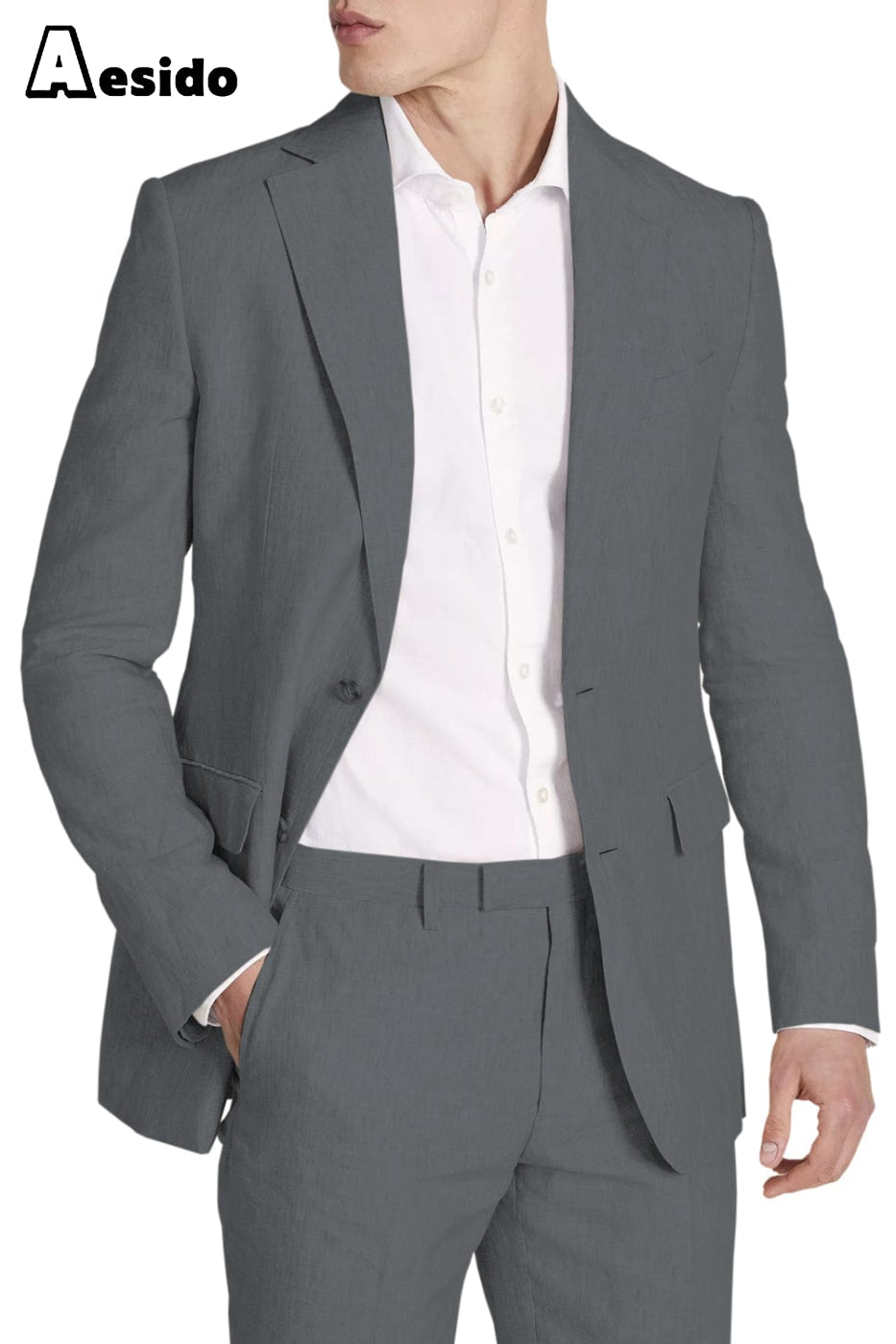 Aesido Pieces Business Casual Double Button Linen Men’s Suit Blazer+Pants – Grey R