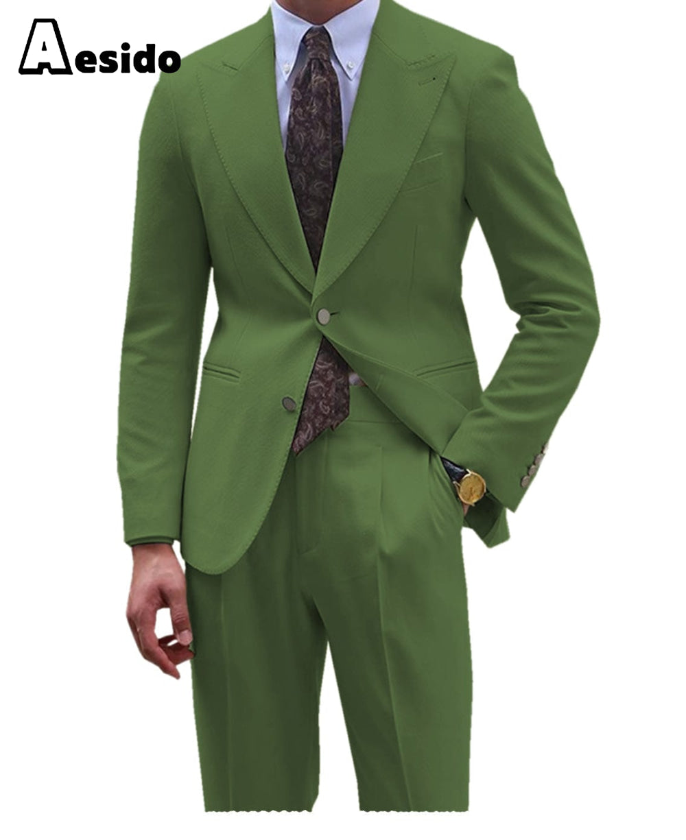 Aesido Men’s Suit Pieces Double Buttons Peak Lapel Jacket Blazer+Pants – Olive Green R Aesido Men’s Suit Pieces Double Buttons Peak Lapel Jacket Blazer+Pants – Olive Green R