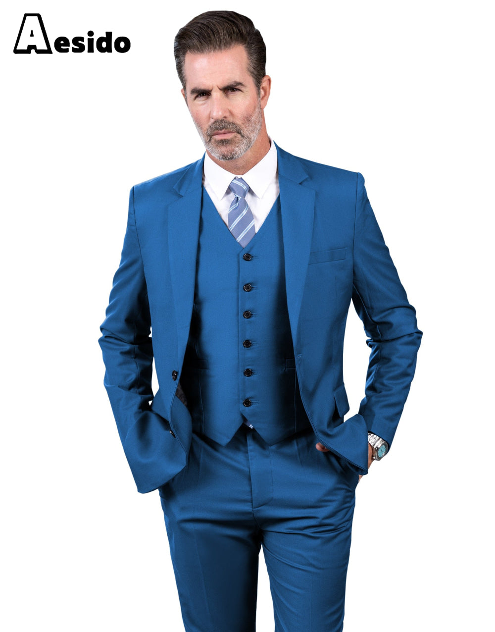 Aesido Men’s Suit Piece Business Casual Jacket For Wedding Blazer+Vest+Pants – Blue R