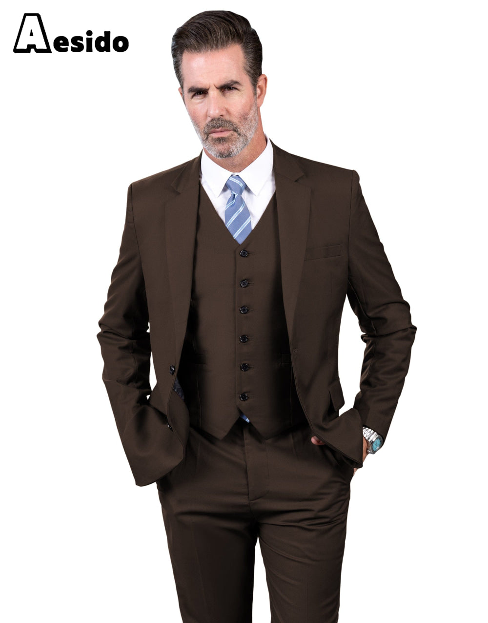 Aesido Men’s Suit Piece Business Casual Jacket For Wedding Blazer+Vest+Pants – Coffee R