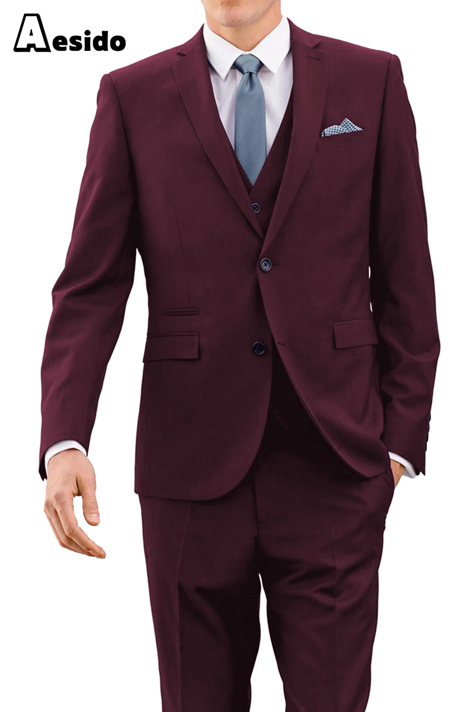 Aesido Men’s Suit Piece Business Double Button Notch Lapel Jacket Blazer+Vest+Pants – Burgundy R