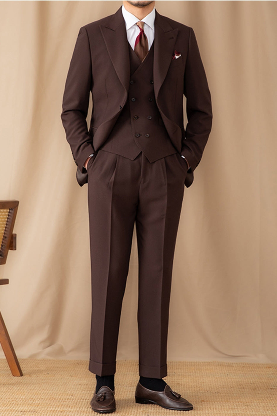 Aesido Coffee Men’s Suit Piece Business Casual Peak Lapel Jacket Blazer+Vest+Pants – Coffee R