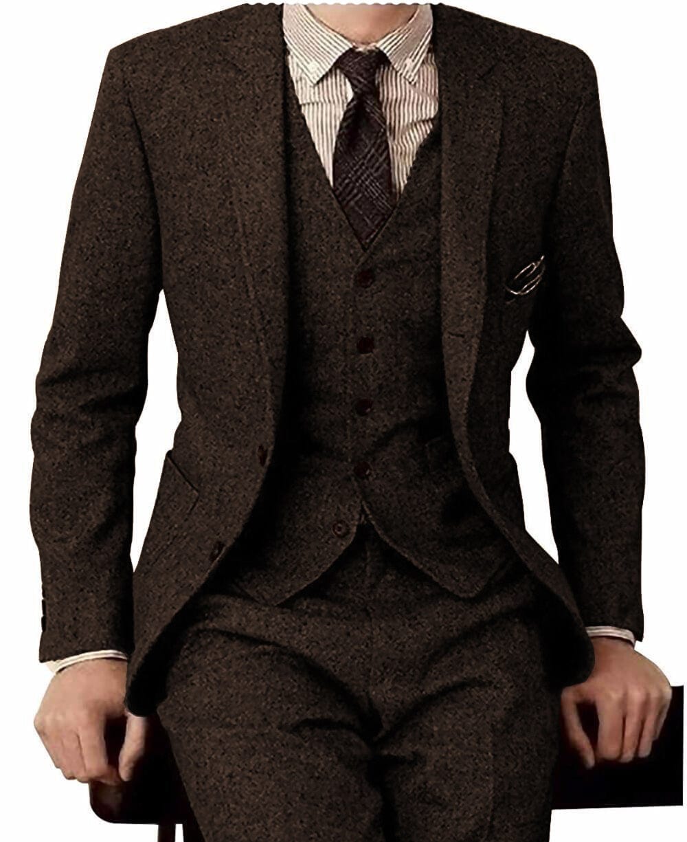 Aesido Piece Double Button Notch Lapel Business Casual Men’s Suit Blazer+Vest+Pants – Coffee R