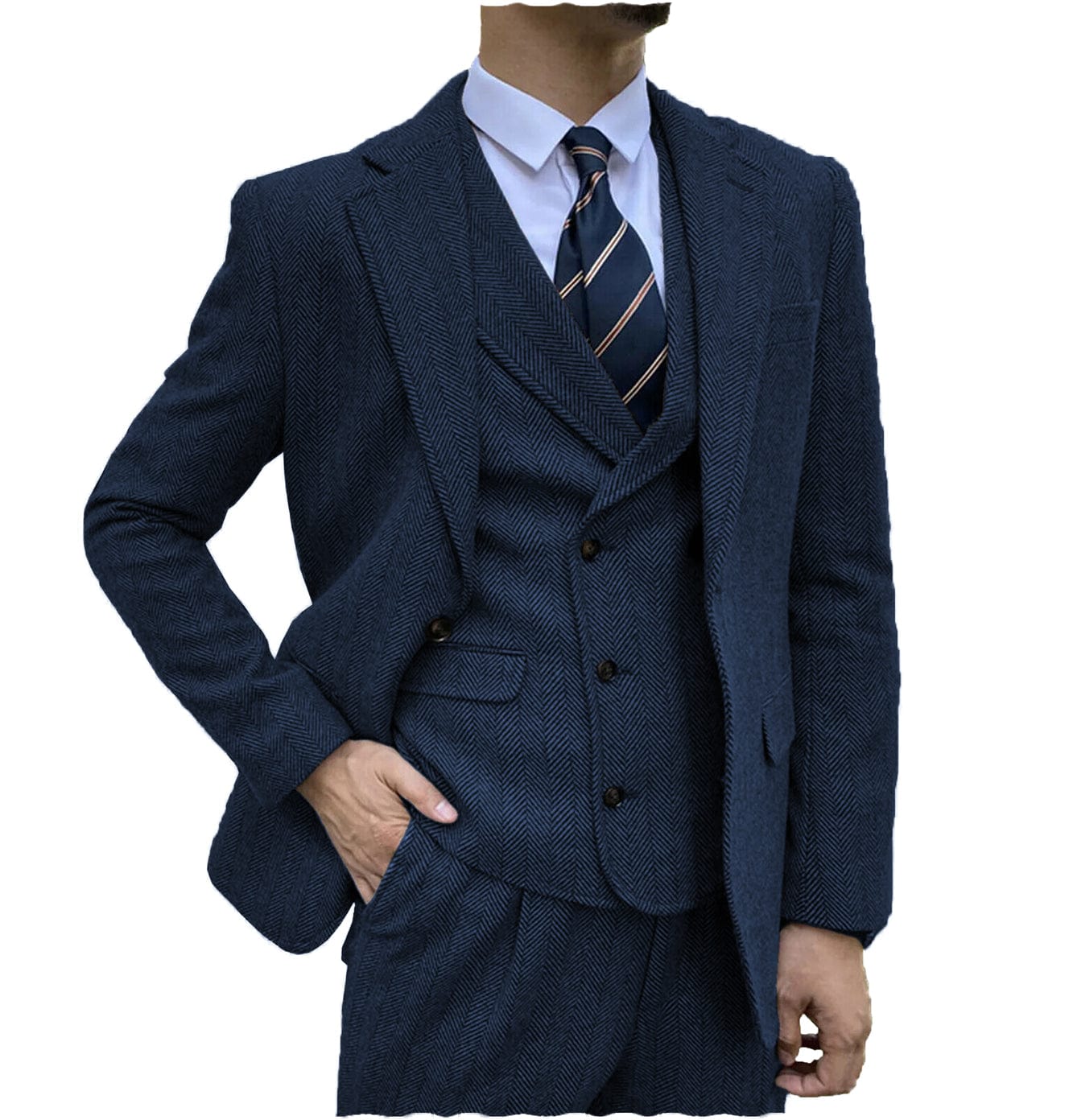 Aesido Men’s Suit Piece Notch Lapel Blazer（Blazer+Vest+Pants） – Navy R
